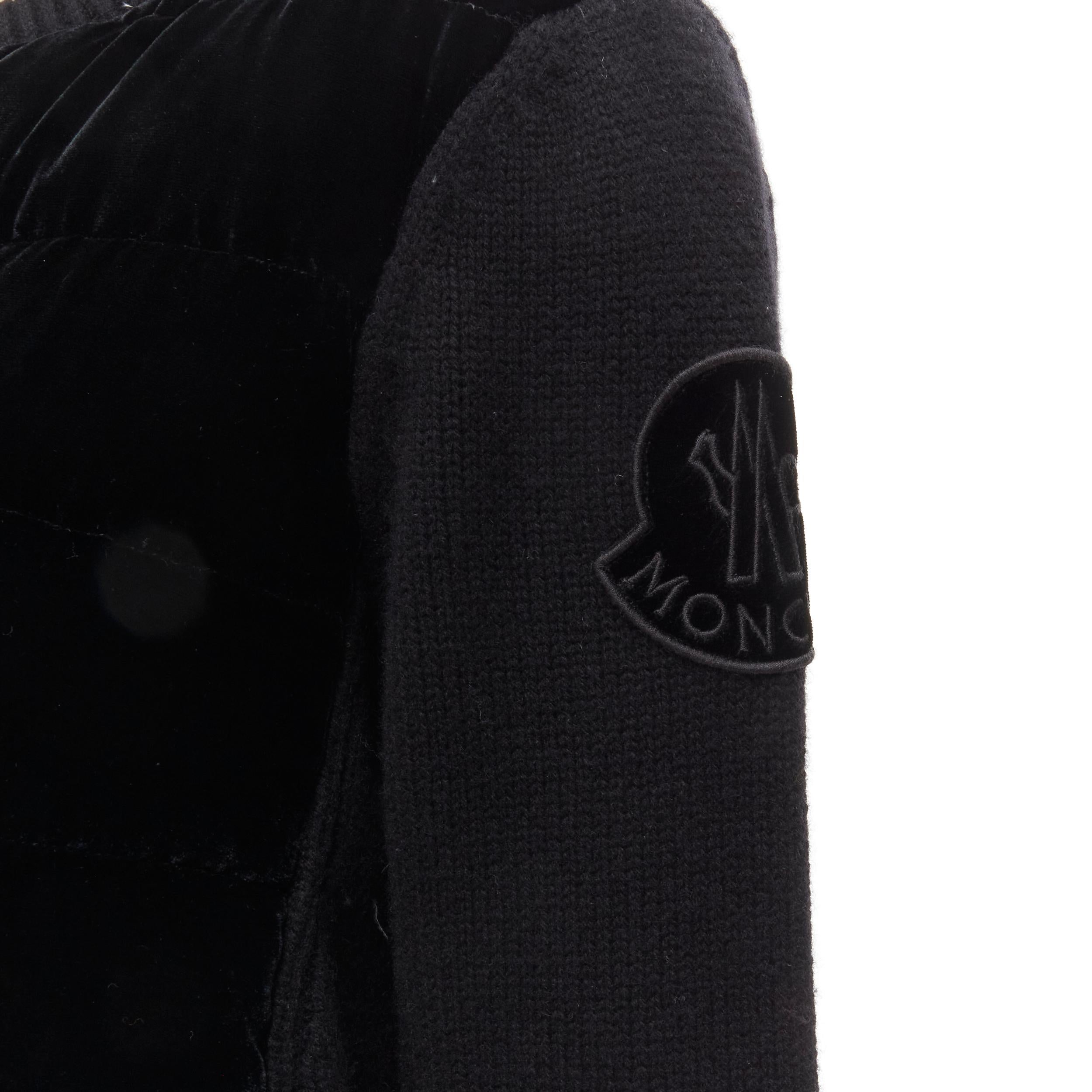 MONCLER Maglione Tricot black velvet down padded wool knit cardigan S 
Reference: JYLM/A00018 
Brand: Moncler 
Material: Wool 
Color: Black 
Pattern: Solid 
Closure: Zip 
Extra Detail: Dual zip front. Velvet Moncler logo on left sleeve. Velvet down