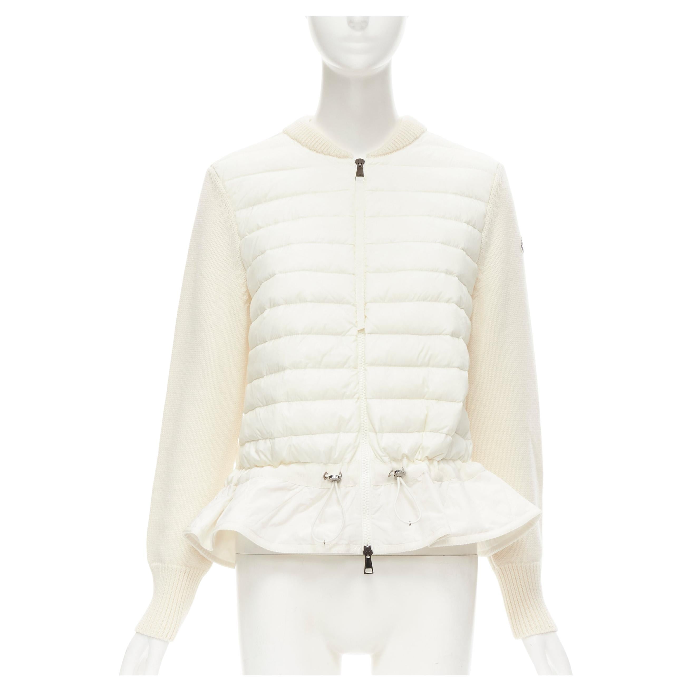 MONCLER Maglione Tricot cream down padded peplum wool cardigan L For Sale  at 1stDibs