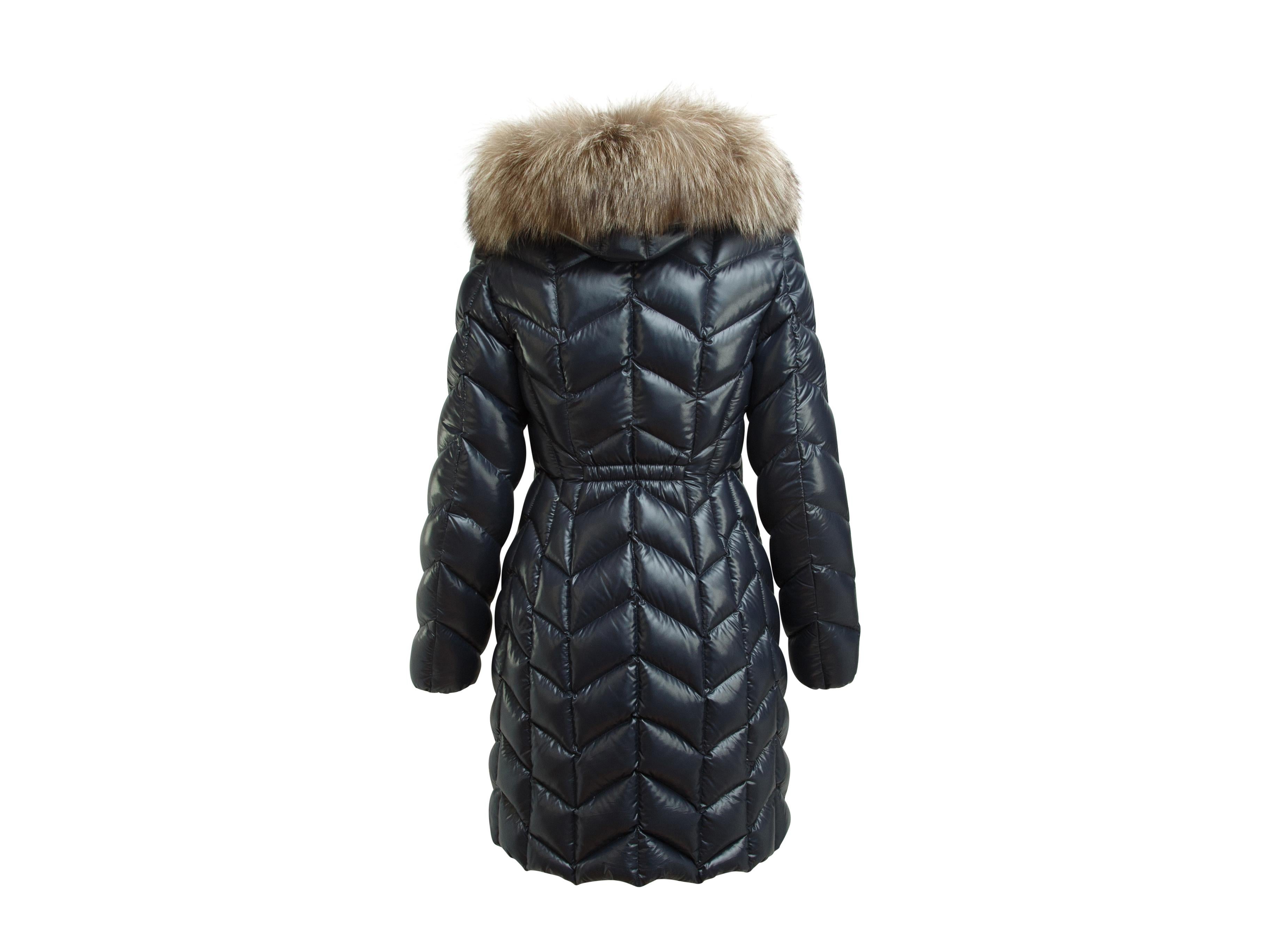 Black Moncler Navy Blue Fur-Trimmed Hooded Puffer Coat