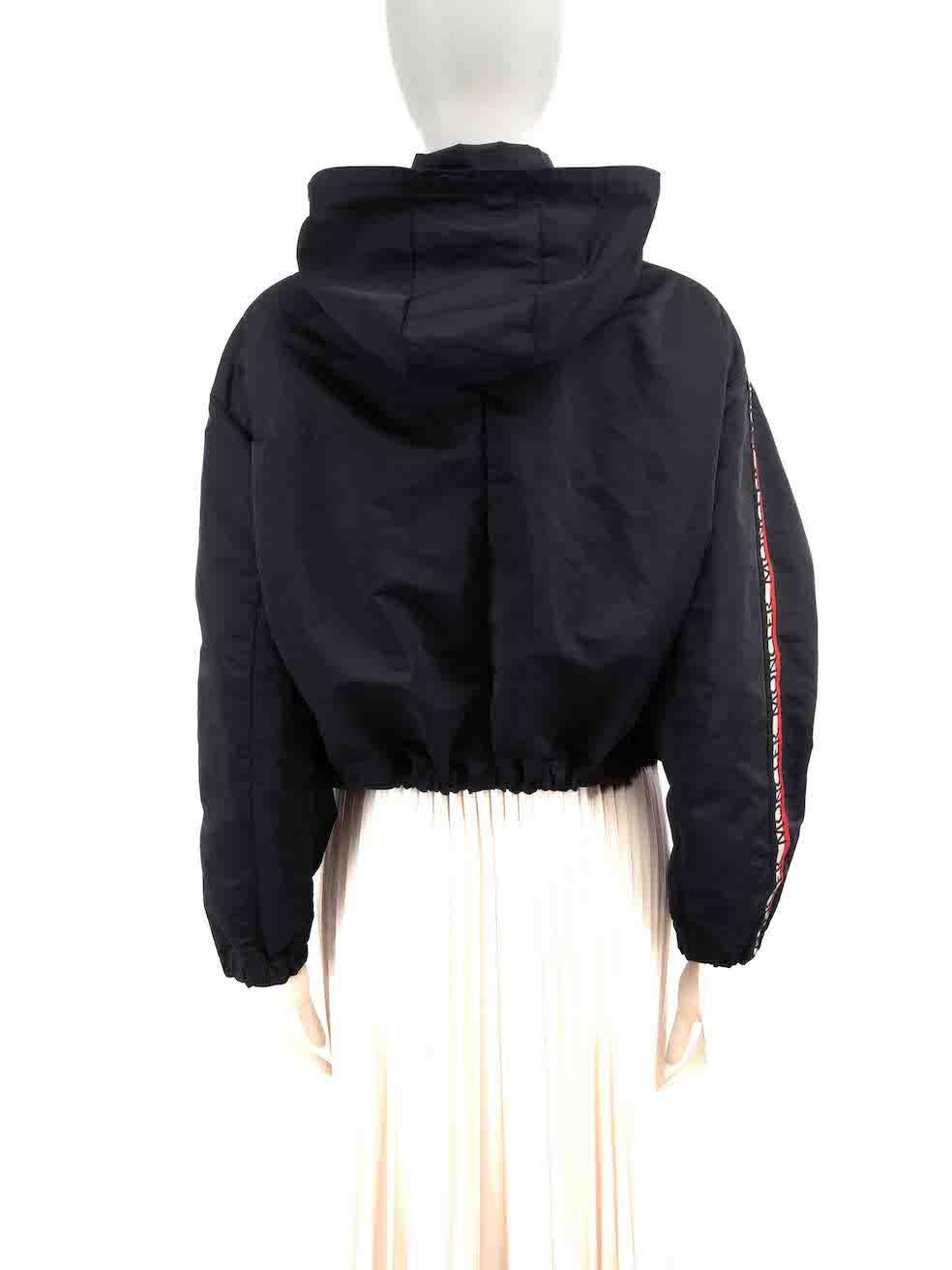 Moncler Navy Logo Collapsible Hood Bomber Jacket Size S In Good Condition For Sale In London, GB