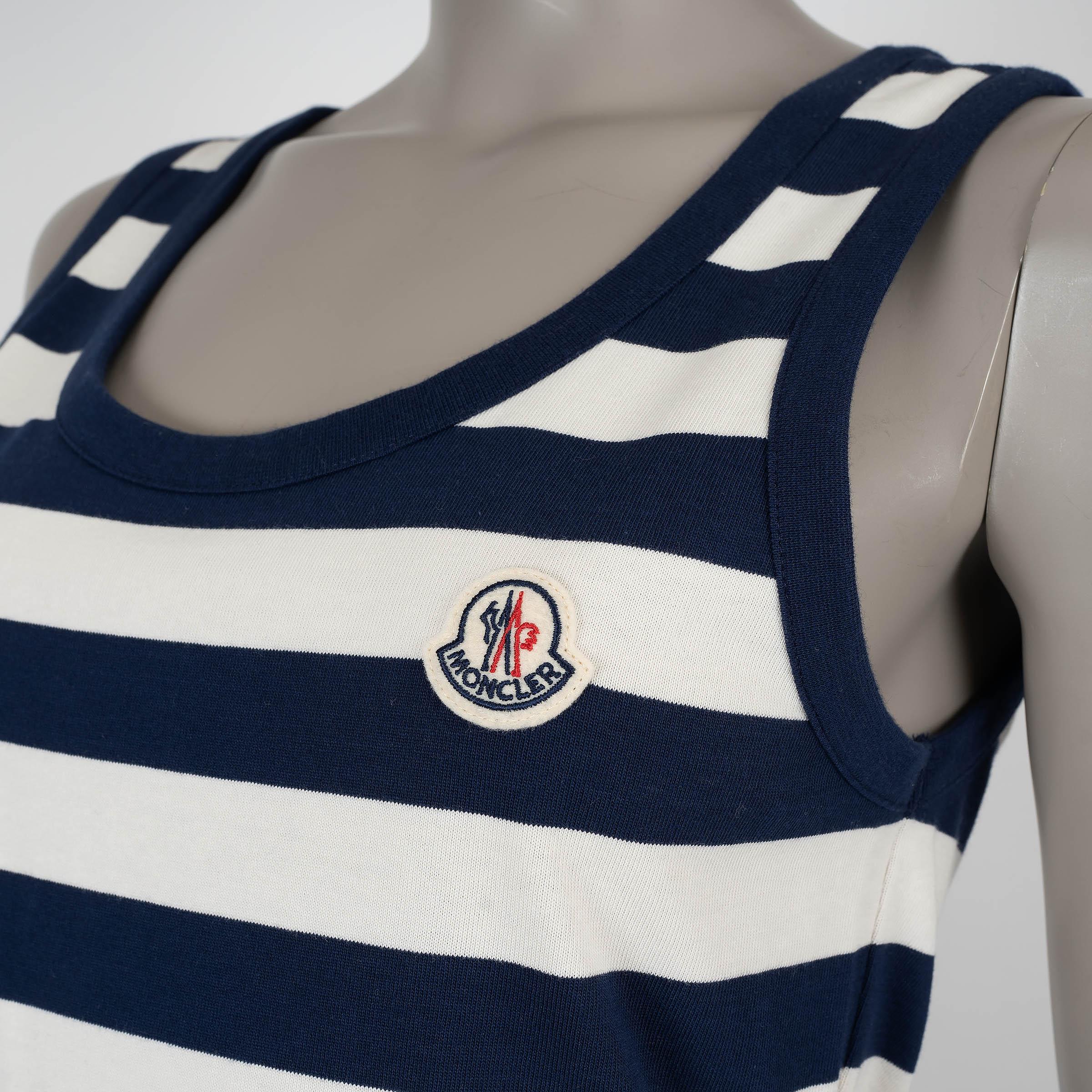 MONCLER Robe midi en coton rayé bleu marine et blanc 2024 Pour femmes en vente