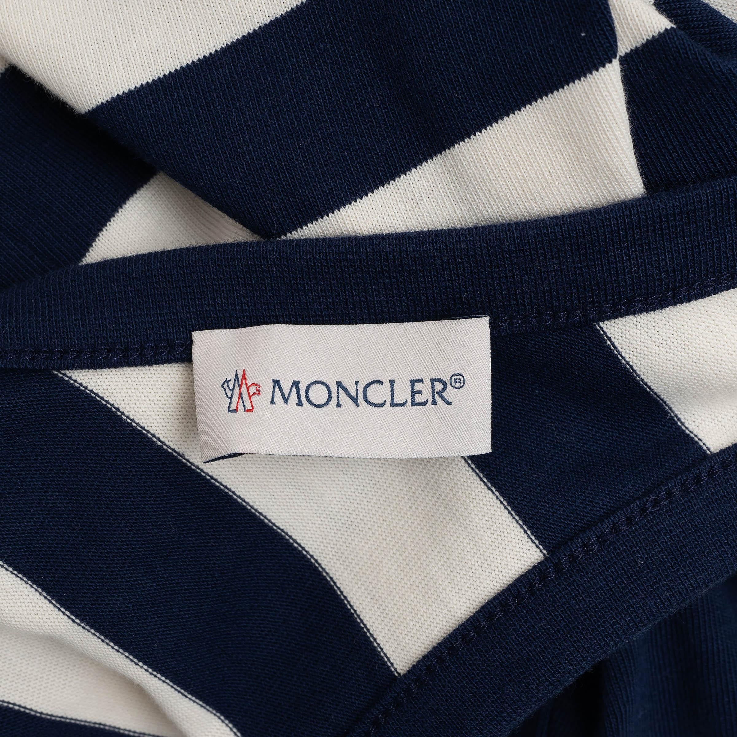 MONCLER Robe midi en coton rayé bleu marine et blanc 2024 en vente 1