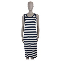 MONCLER Robe midi en coton rayé bleu marine et blanc 2024
