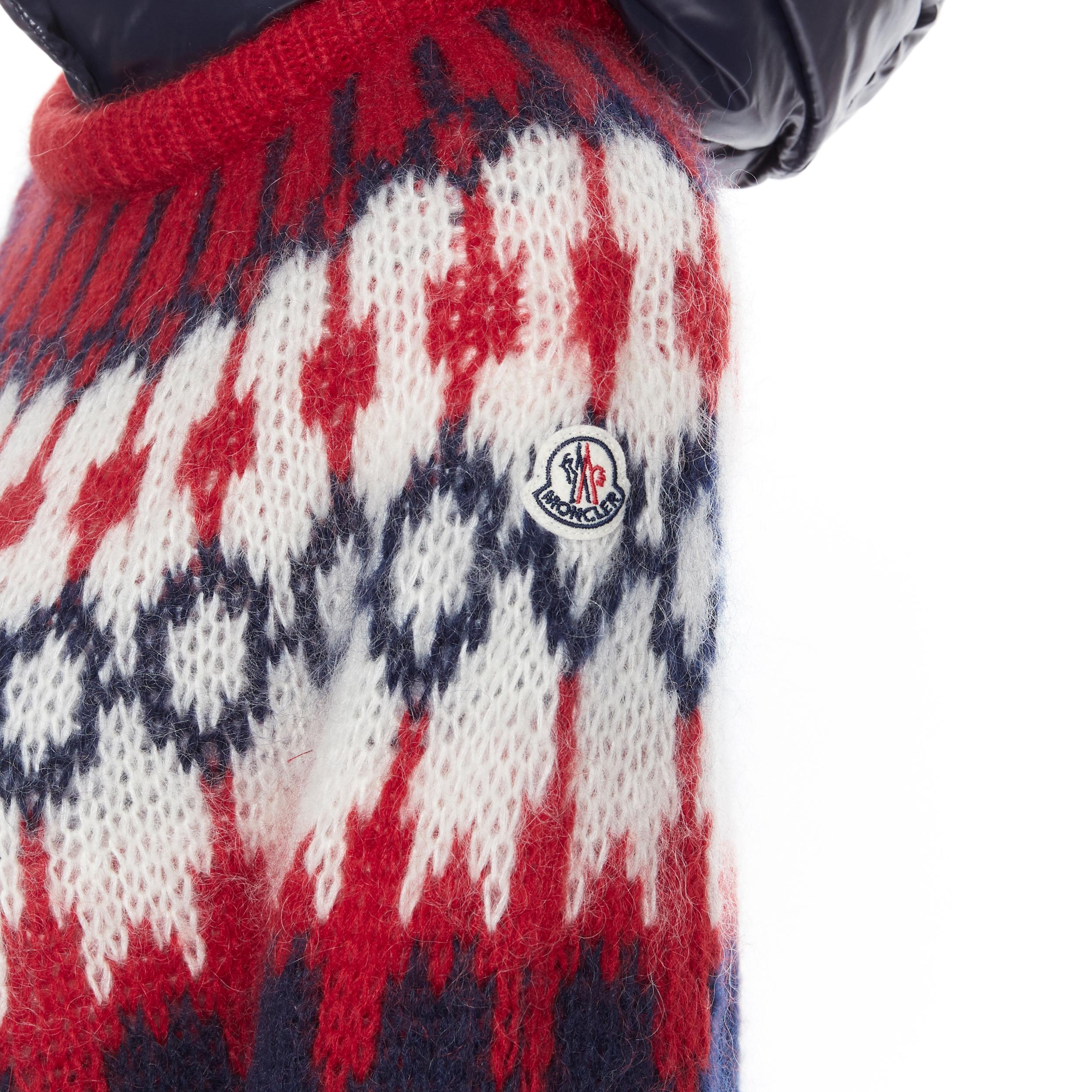 MONCLER navy white red fairisle knit detachable down puffer hood sweater XS 
Brand: Moncler
Model Name / Style: Fairisle sweater
Material: Mohair wool
Color: Blue, red
Pattern: Abstract
Extra Detail: Moncler logo at sleeve. Loose knit. Detachable