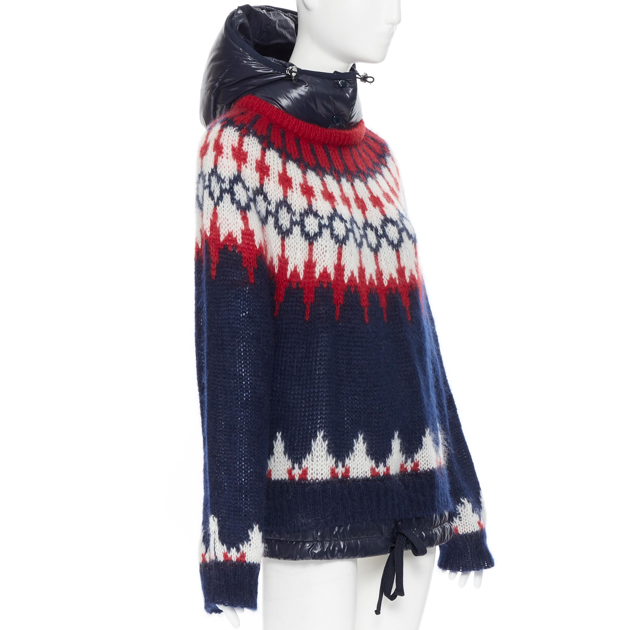 Black MONCLER navy white red fairisle knit detachable down puffer hood sweater XS
