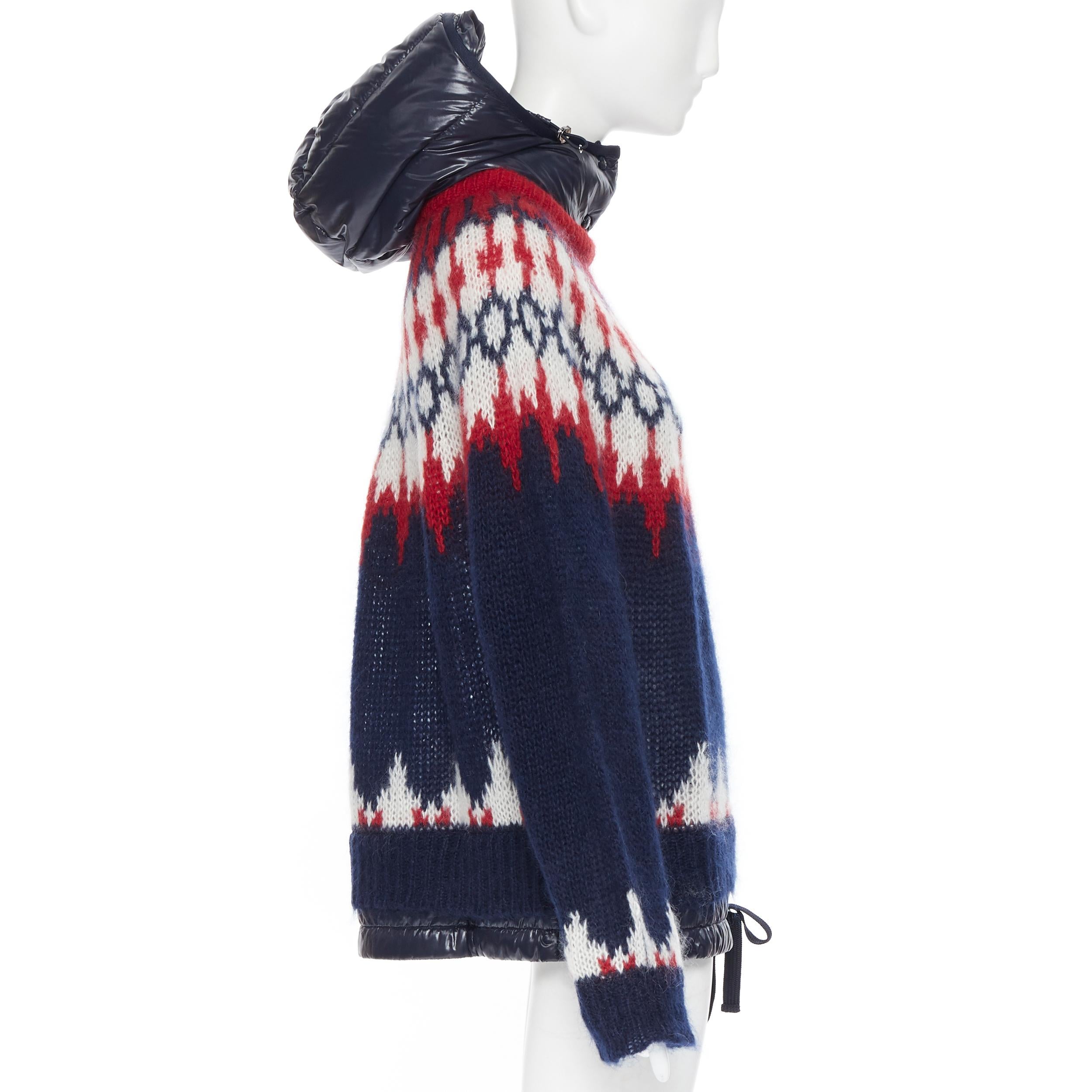 MONCLER navy white red fairisle knit detachable down puffer hood sweater XS In Excellent Condition In Hong Kong, NT