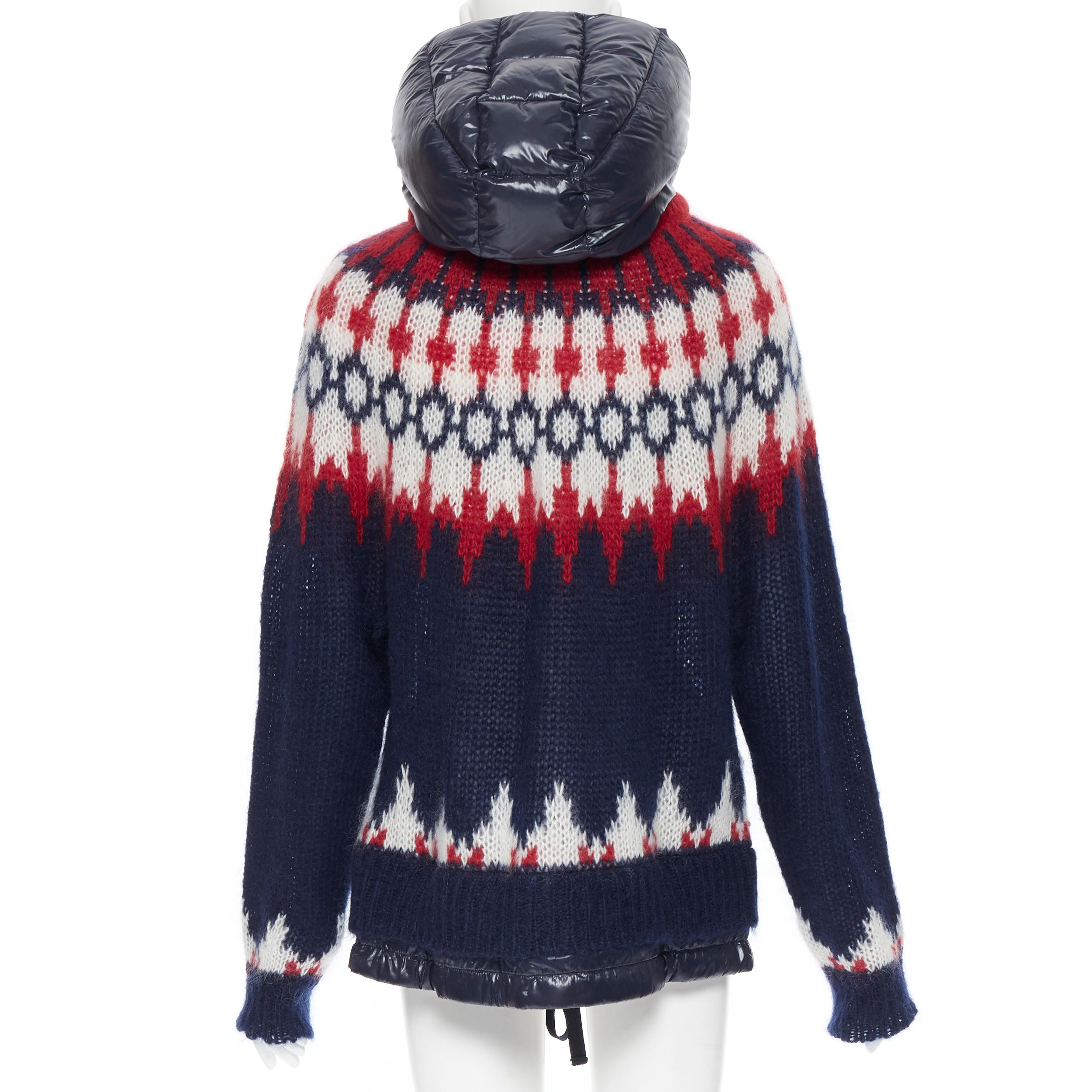 Women's MONCLER navy white red fairisle knit detachable down puffer hood sweater XS