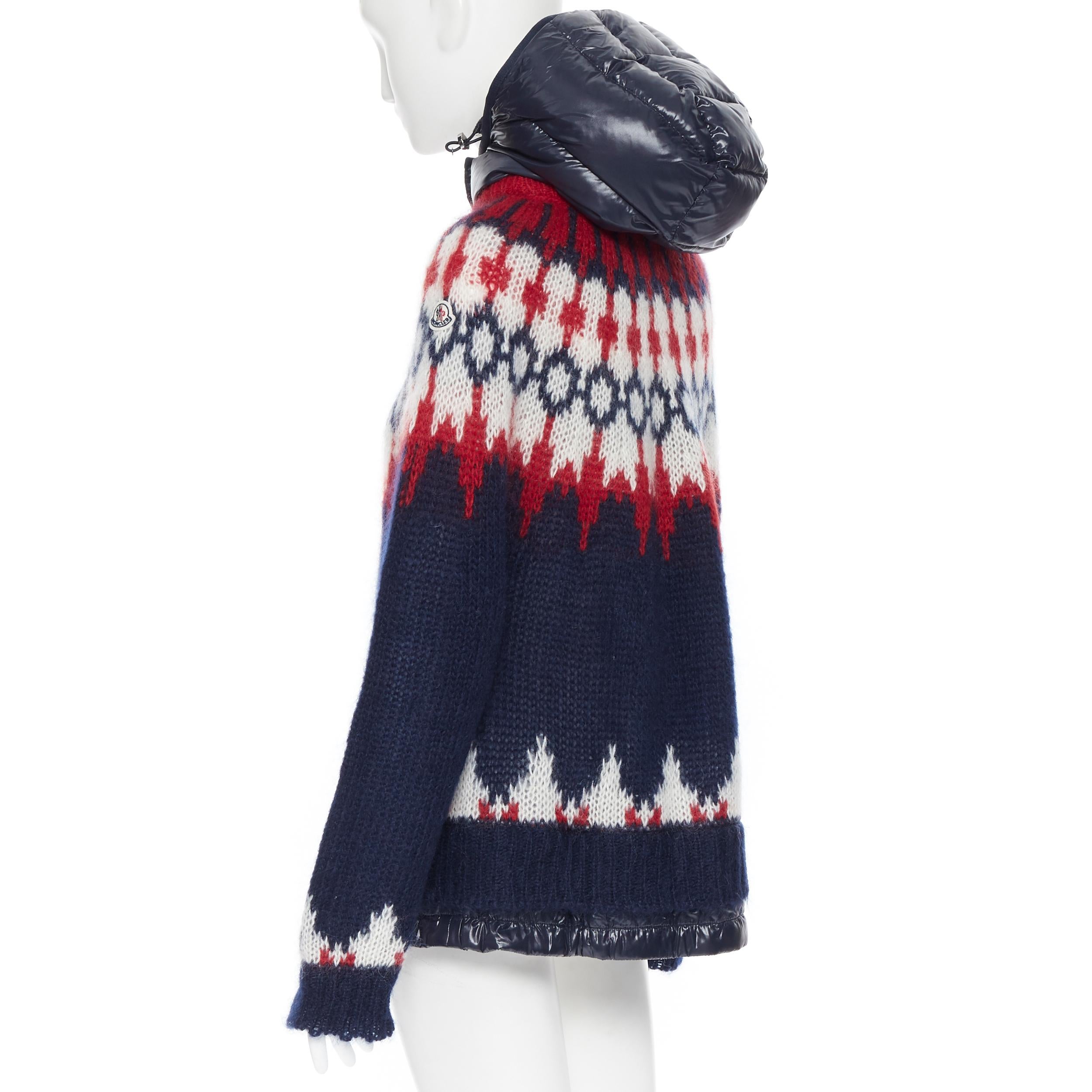 MONCLER navy white red fairisle knit detachable down puffer hood sweater XS 1