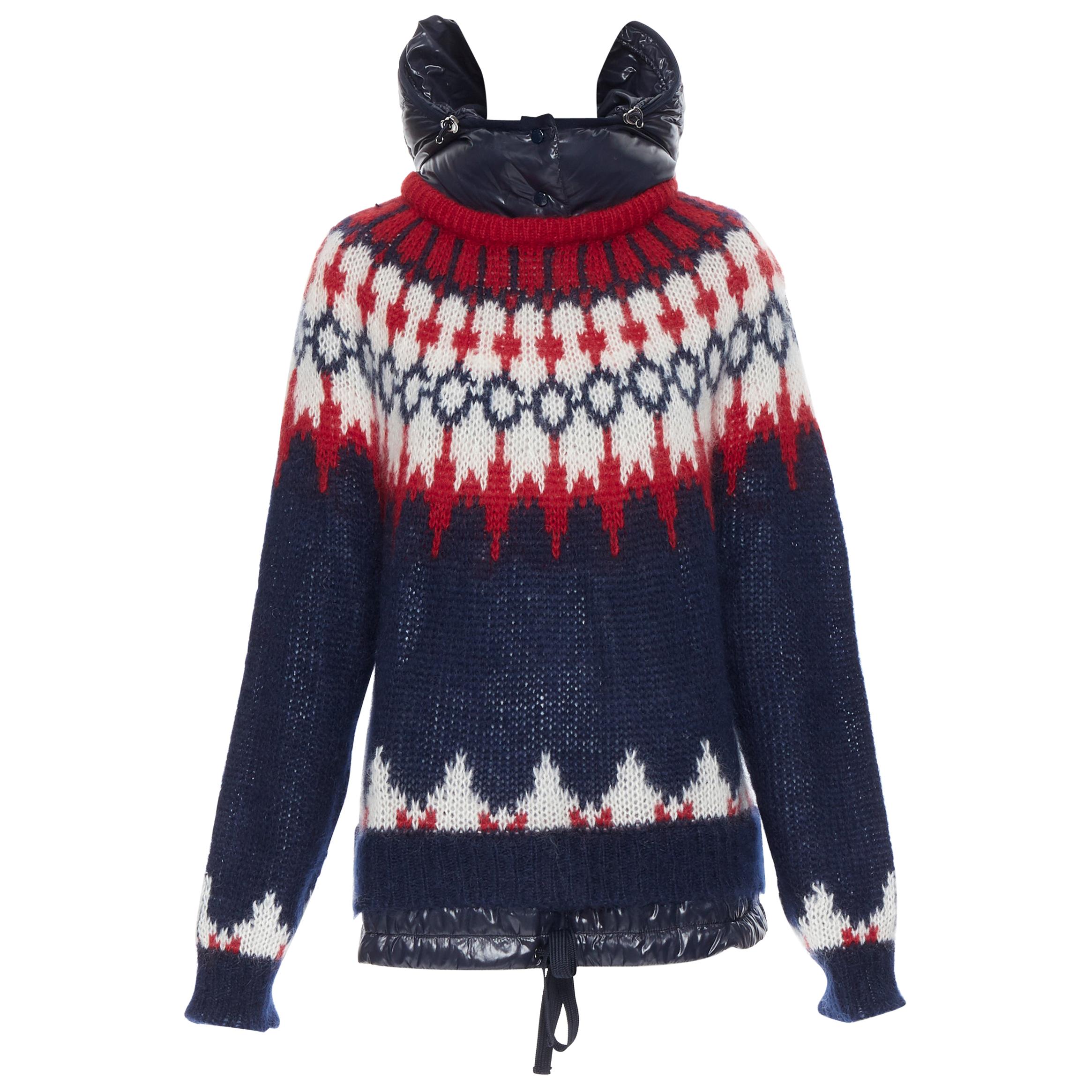 MONCLER navy white red fairisle knit detachable down puffer hood sweater XS