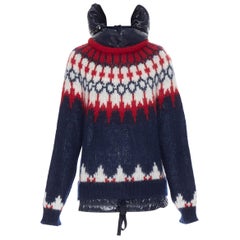 MONCLER navy white red fairisle knit detachable down puffer hood sweater XS