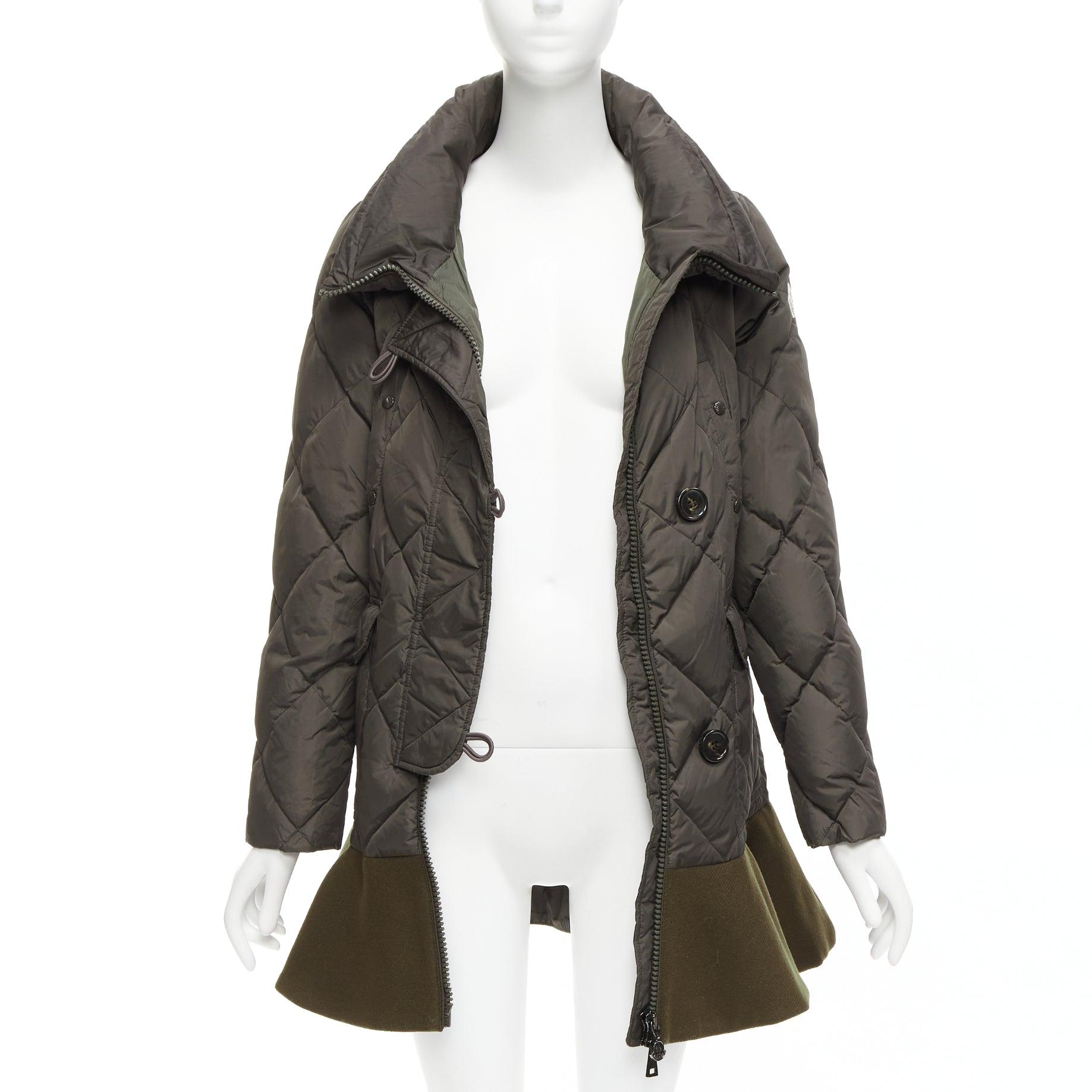 MONCLER Norme Afnor khaki quilted virgin wool blend frill hem coat Sz1 M In Excellent Condition For Sale In Hong Kong, NT