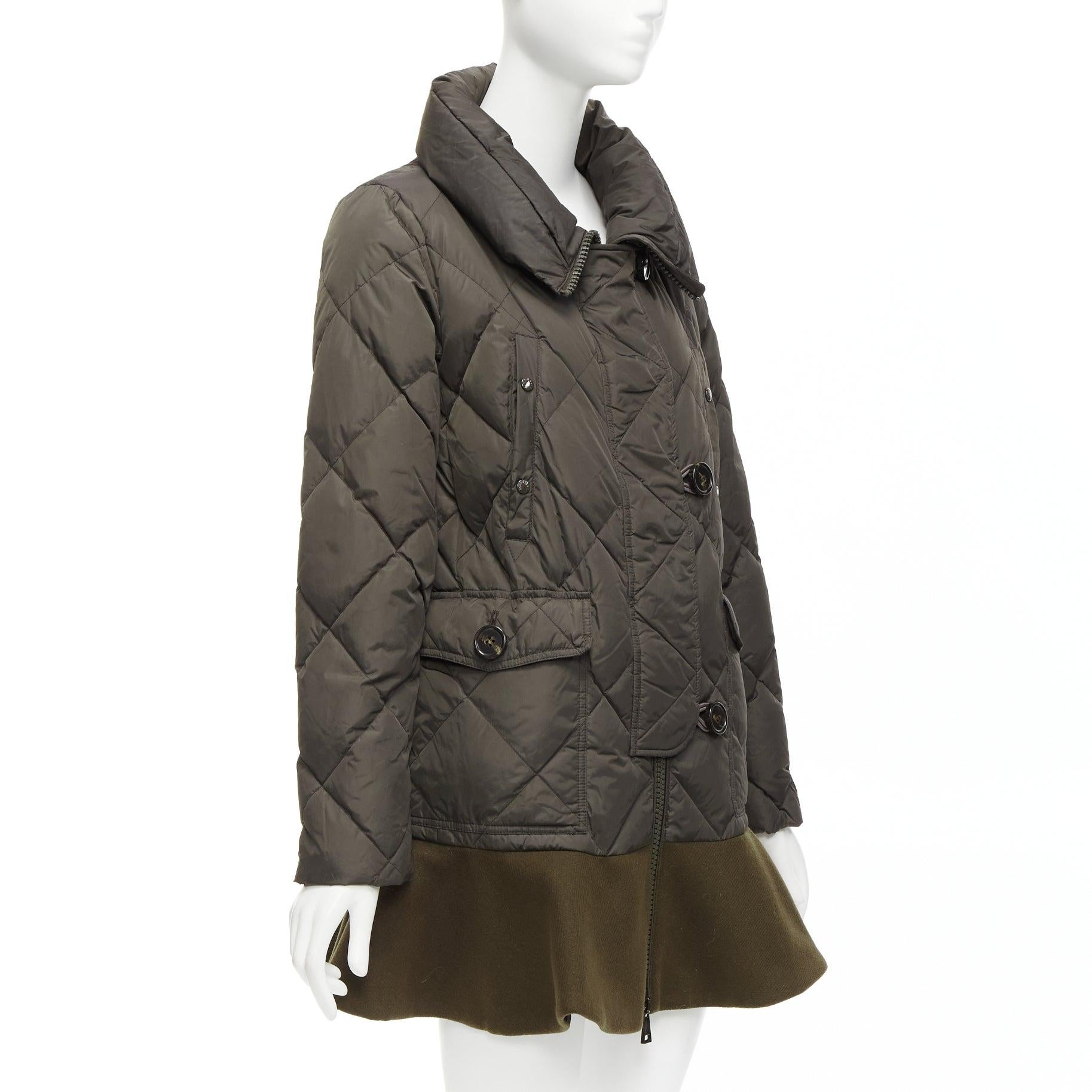 Women's MONCLER Norme Afnor khaki quilted virgin wool blend frill hem coat Sz1 M For Sale