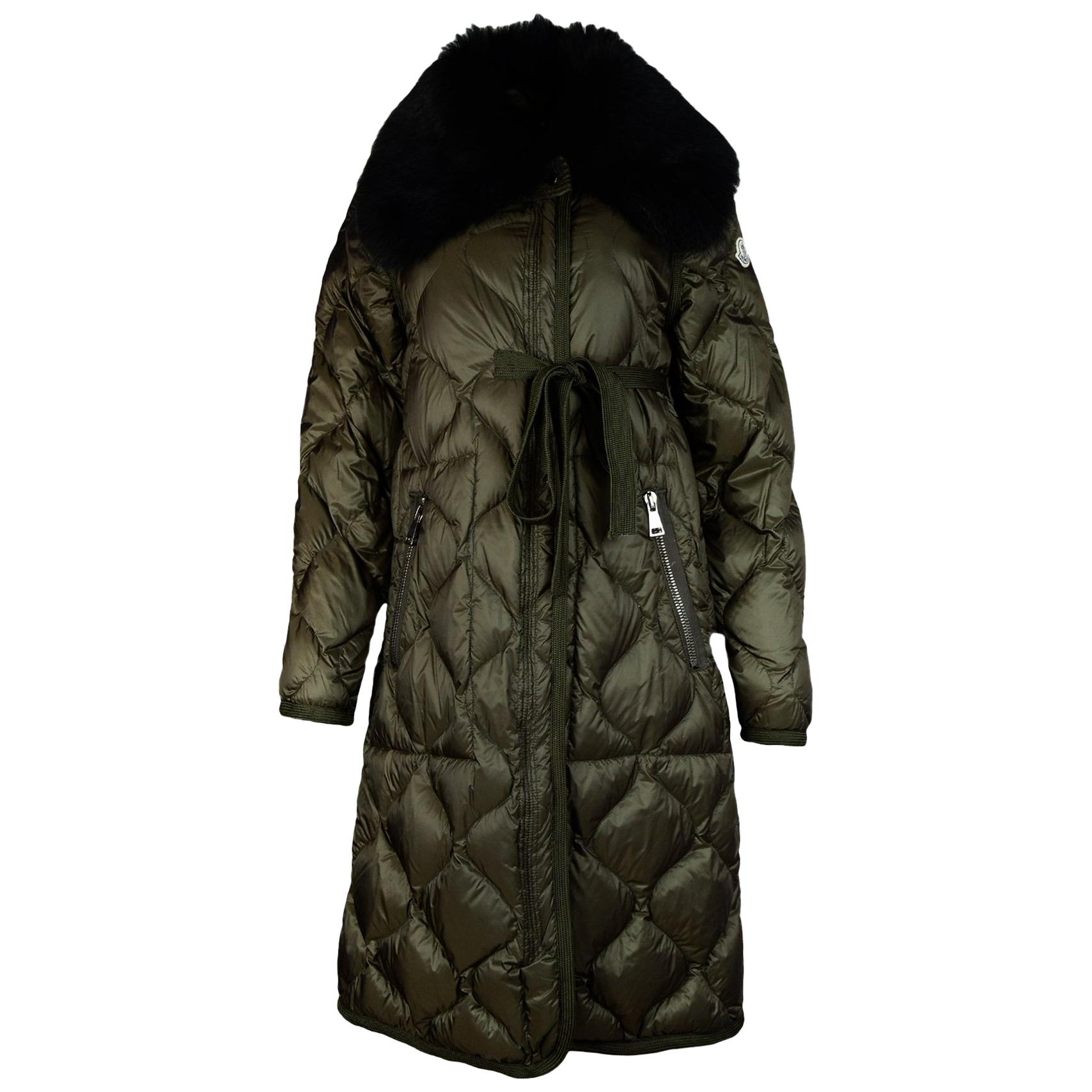 Moncler Olive Green Ceanothu Quilted Down Coat W/ Removable Fur Collar Sz 1 (S)