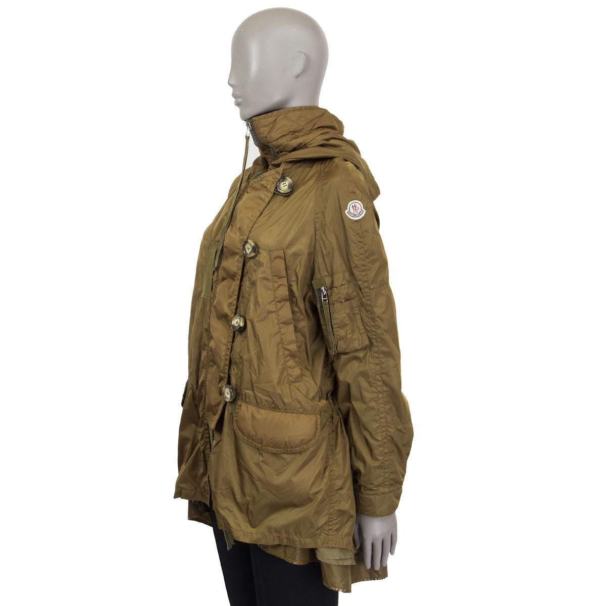 Brown MONCLER olive green polyamide HOODED PARKA Windbreaker Coat Jacket 1 XS