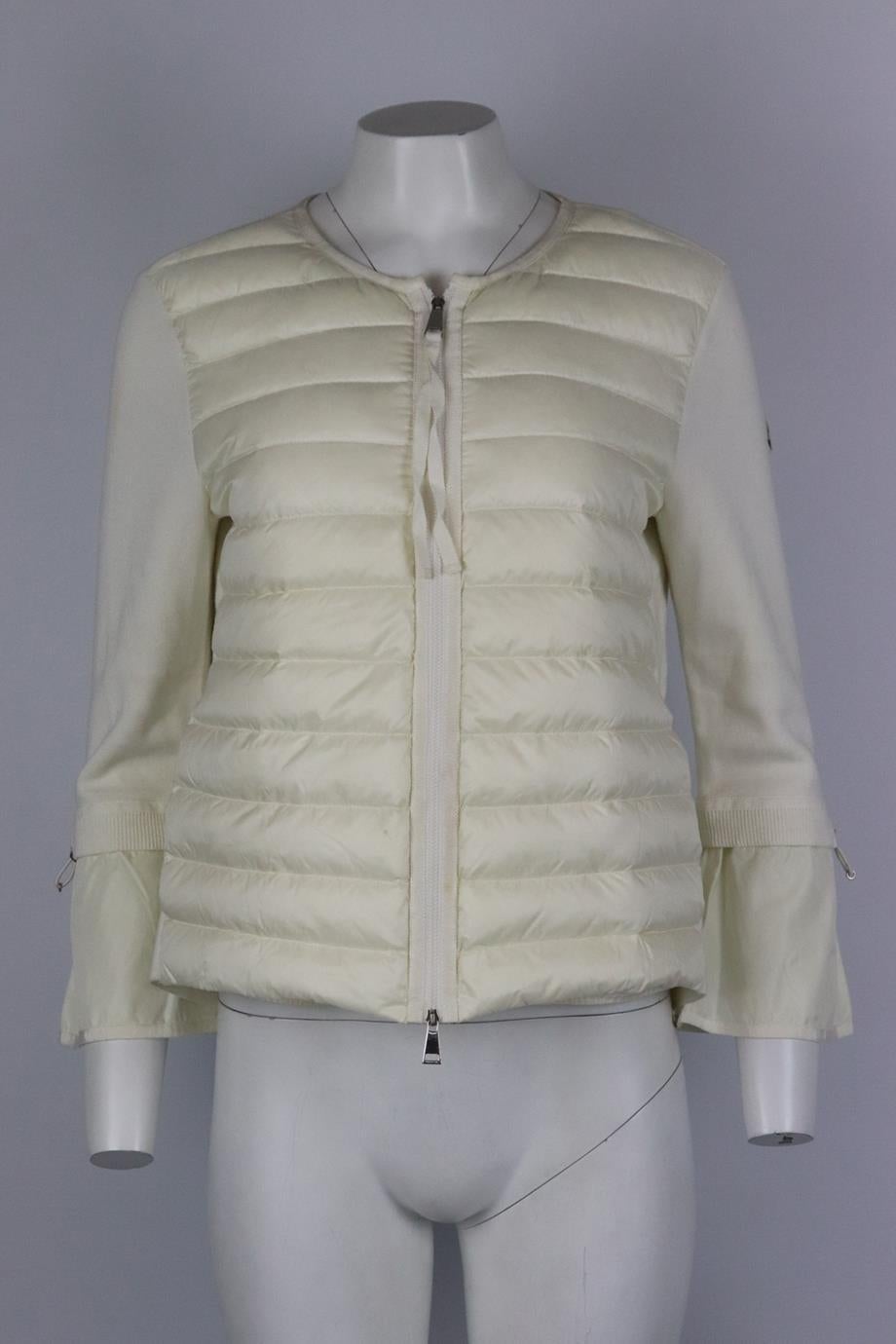 Moncler padded quilted shell and cotton down jacket. Ivory. Long sleeve, crew neck. 100% Polyamide; base fabric: 100% cotton; lining: 100% polyamide; bottom: 100% polyamide. Size: XLarge (UK 14, US 10, FR 42, IT 46). Bust: 41 in. Waist: 41 in. Hips: