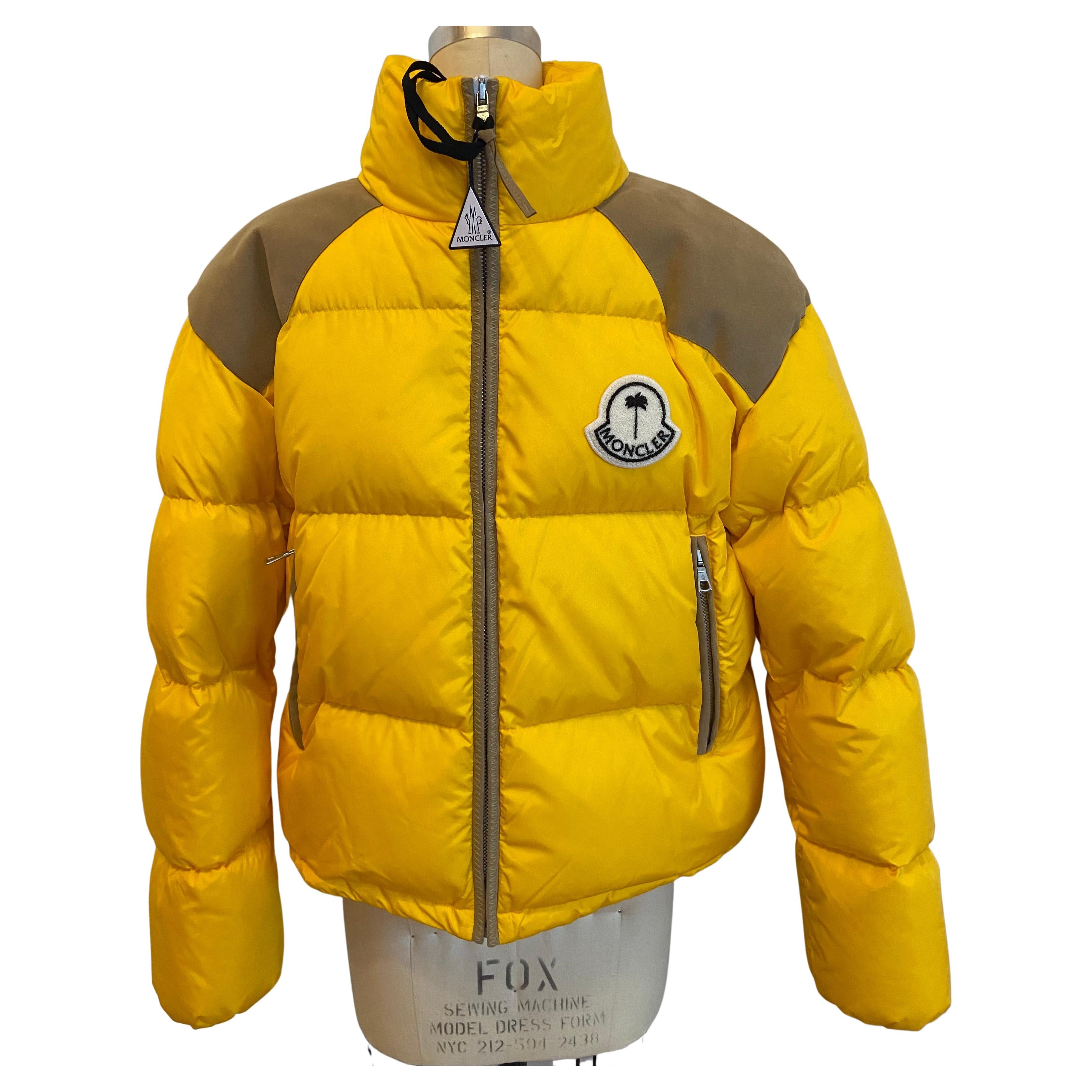 Moncler "Palm Angels" Zippered High-Collar Down-Filled Yellow and Tan  Jacket For Sale at 1stDibs