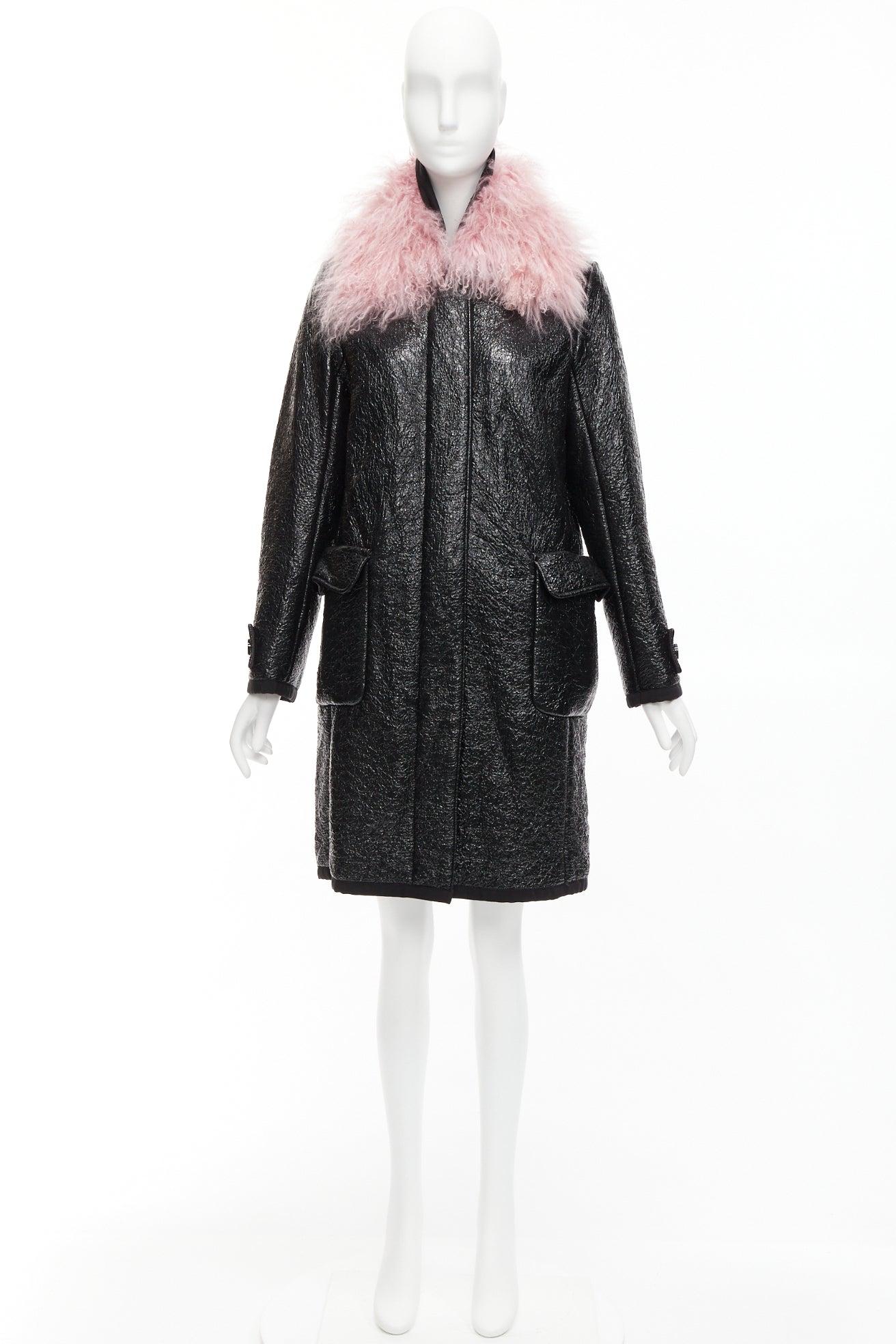 MONCLER pink tibet lamb fur black patent cotton virgin wool blend coat Sz1 M For Sale 5