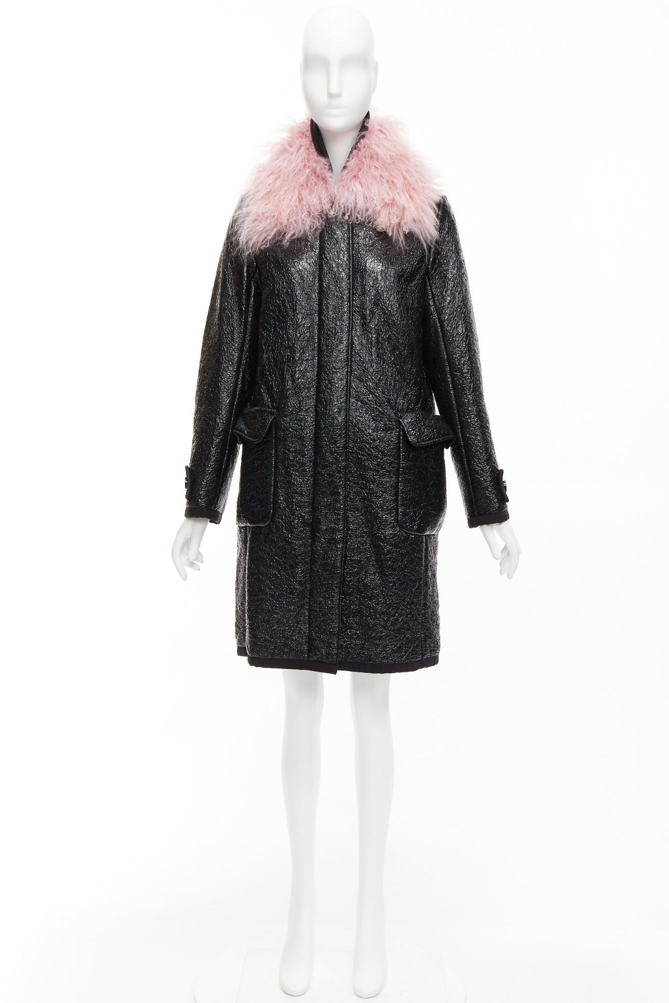 MONCLER pink tibet lamb fur black patent cotton virgin wool blend coat Sz1 M For Sale 6