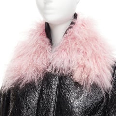 MONCLER pink tibet lamb fur black patent cotton virgin wool blend coat Sz1 M