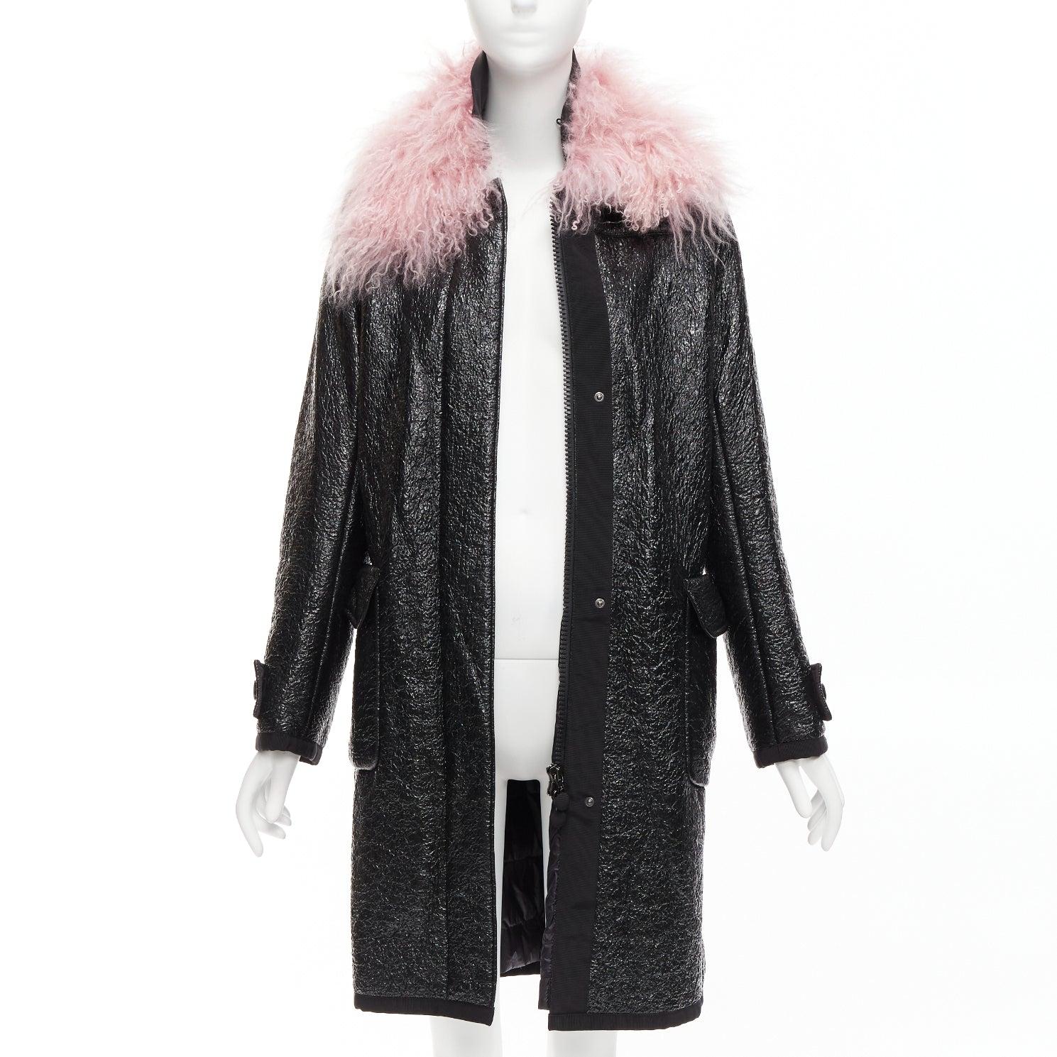 Black MONCLER pink tibet lamb fur black patent cotton virgin wool blend coat Sz1 M For Sale