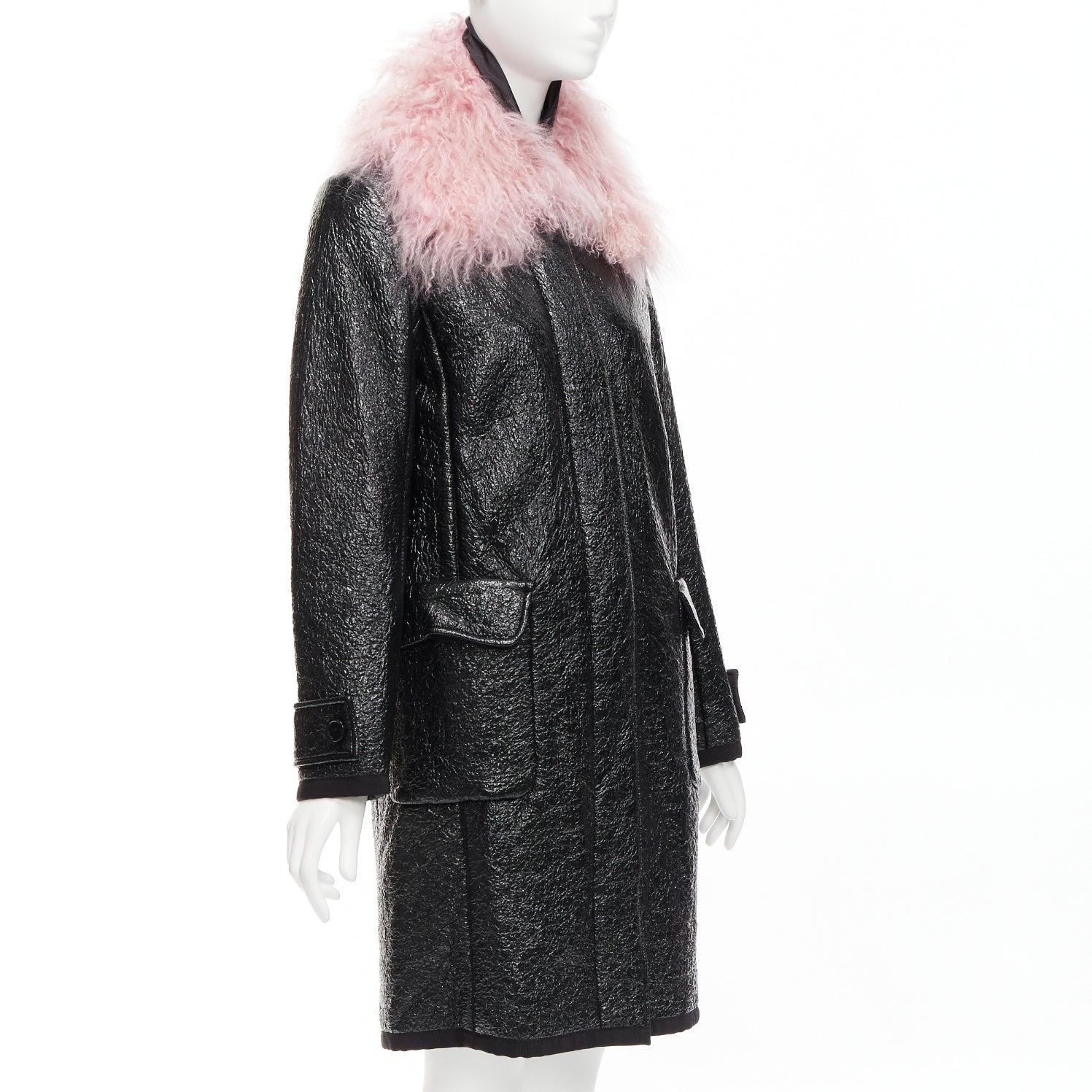Women's MONCLER pink tibet lamb fur black patent cotton virgin wool blend coat Sz1 M For Sale
