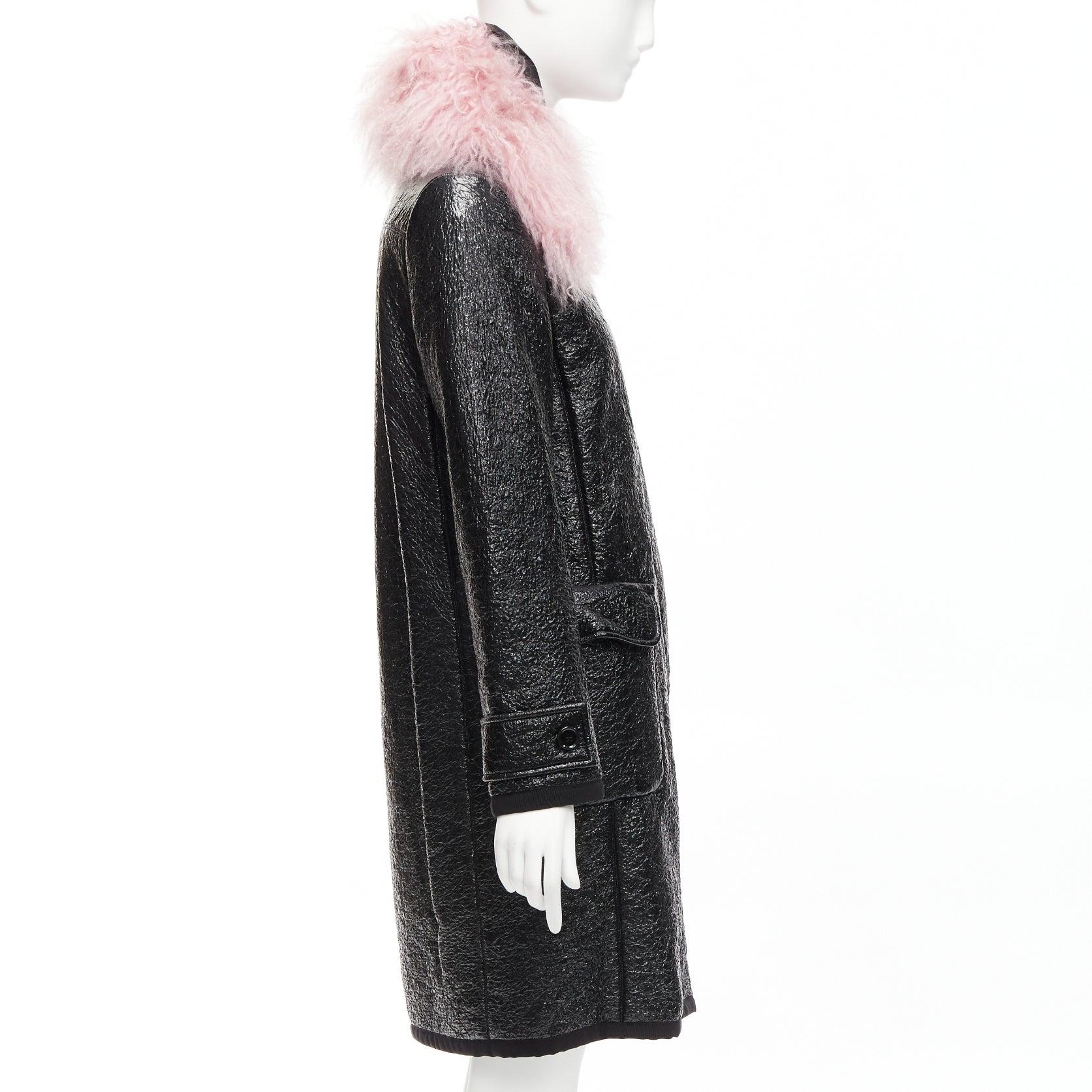 Women's MONCLER pink tibet lamb fur black patent cotton virgin wool blend coat Sz1 M For Sale