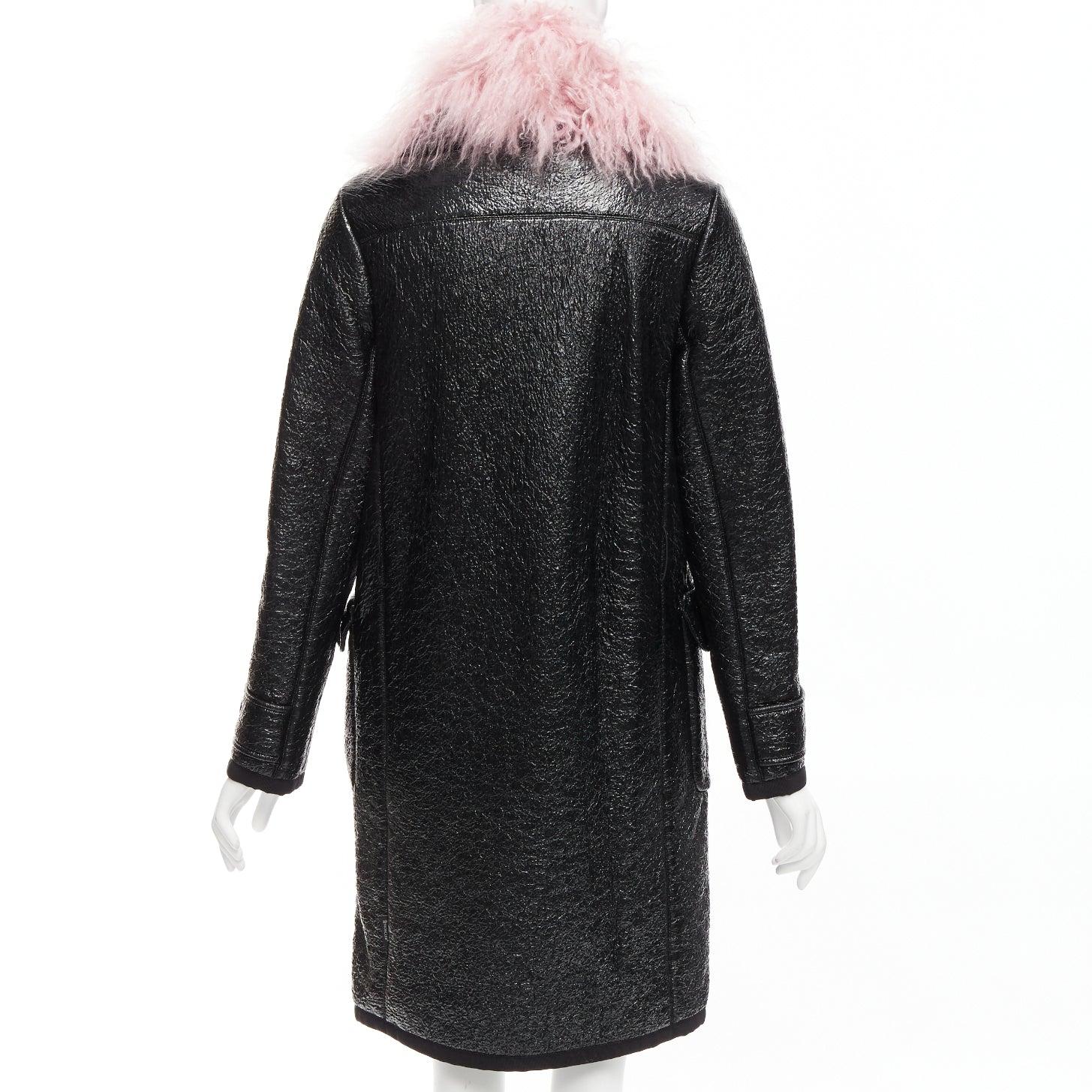 MONCLER pink tibet lamb fur black patent cotton virgin wool blend coat Sz1 M For Sale 2