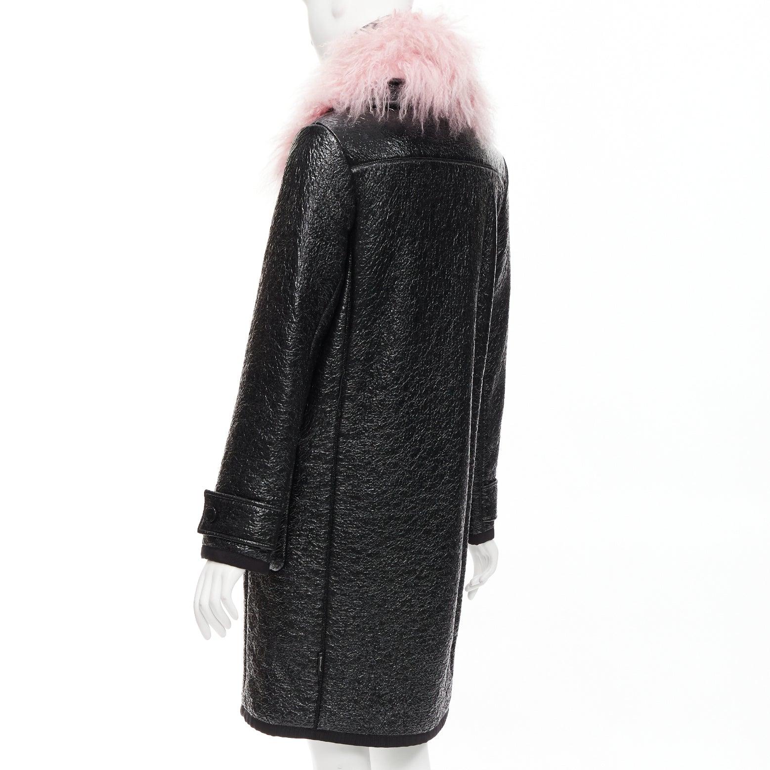 MONCLER pink tibet lamb fur black patent cotton virgin wool blend coat Sz1 M For Sale 2