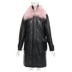 Moncler pelliccia di agnello tibet rosa brevetto nero cotone misto lana vergine Cappotto Sz1 M