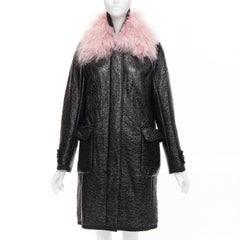 MONCLER pink tibet lamb fur black patent cotton virgin wool blend coat Sz1 M