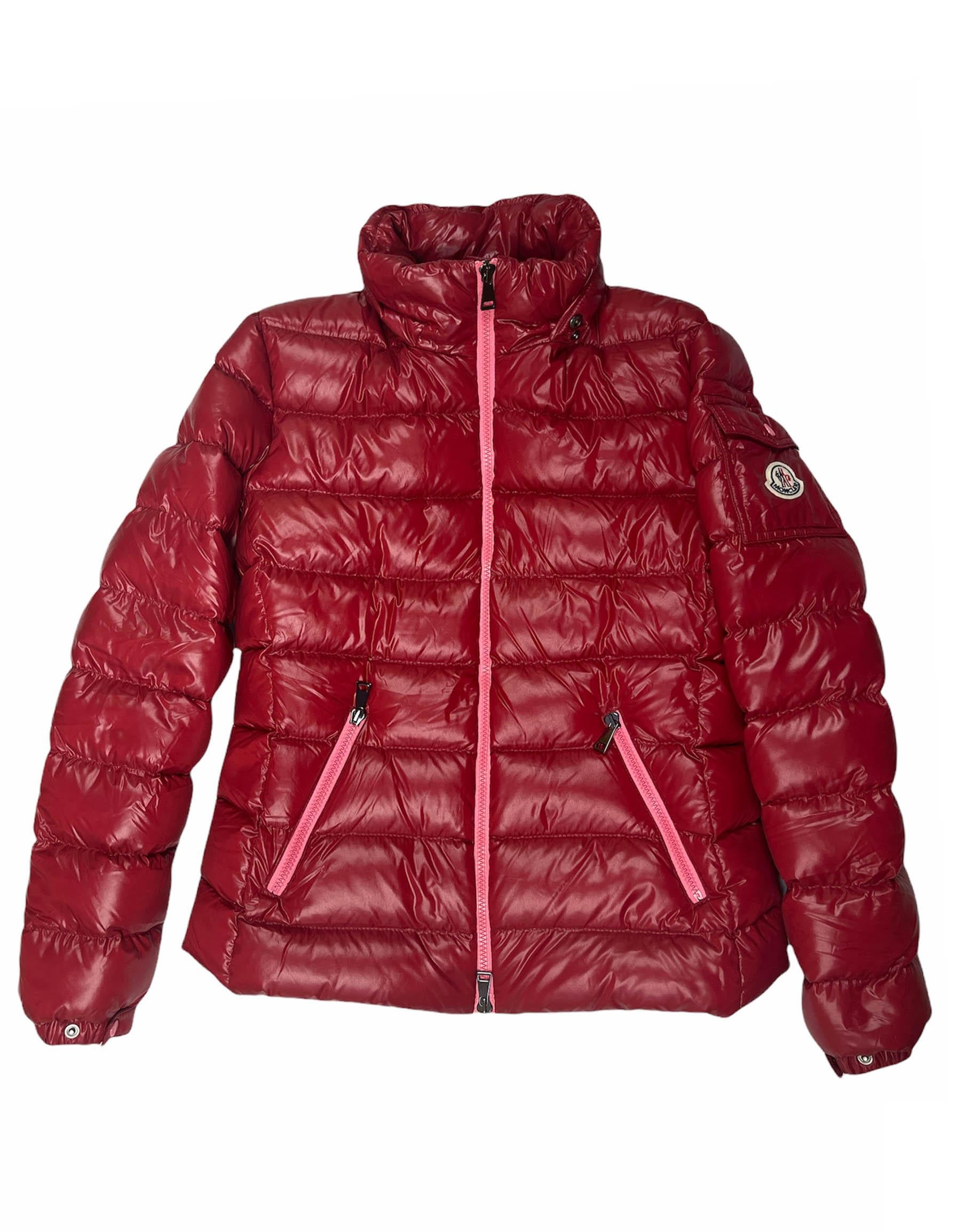 red moncler coat with fur hood