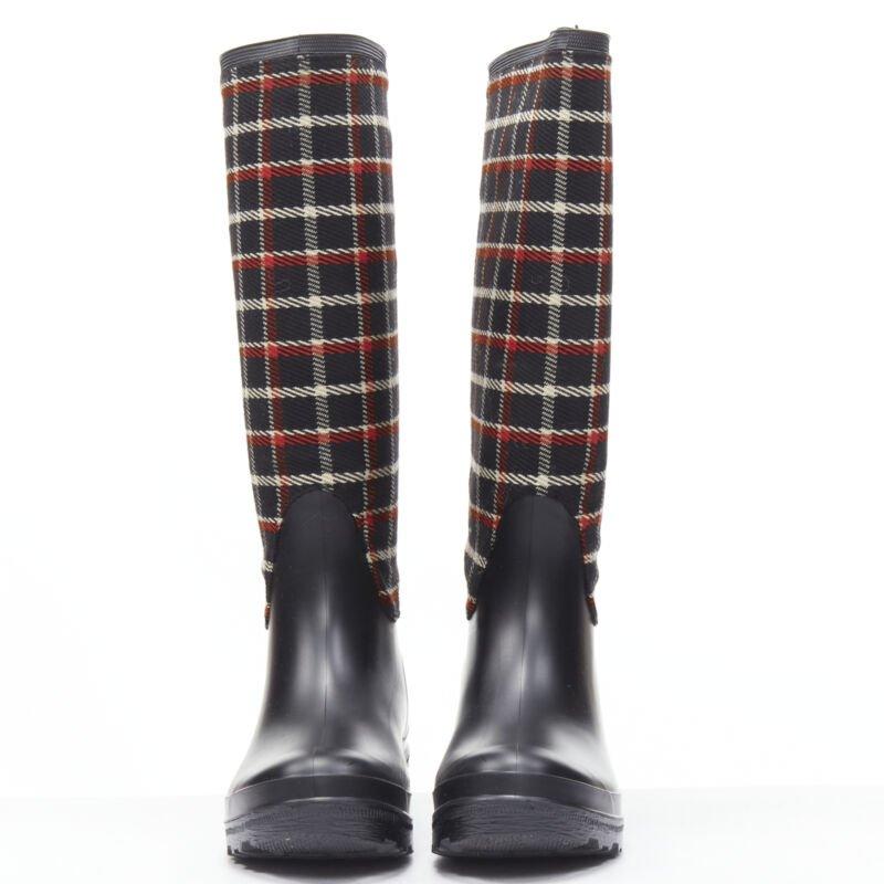 Black MONCLER red black plaid check black rubber wellington rain boots EU39 For Sale