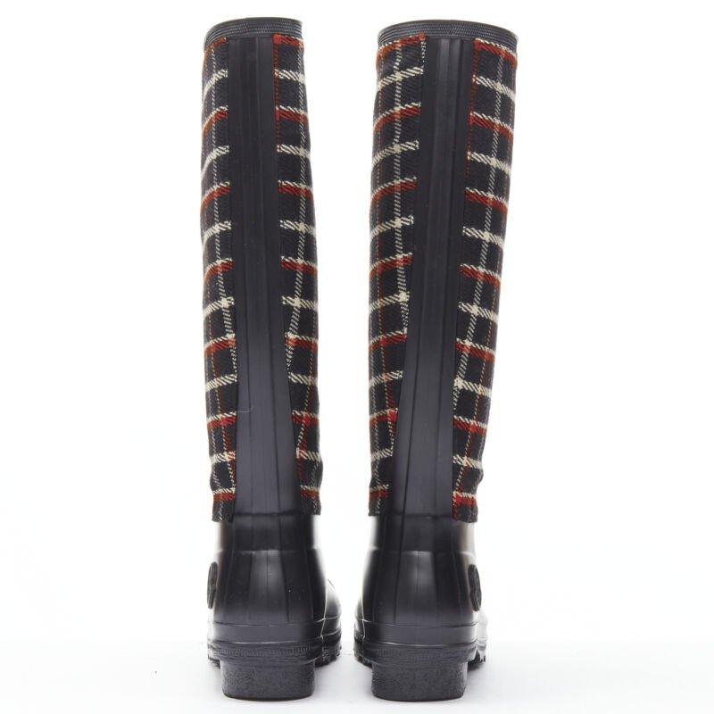 Women's MONCLER red black plaid check black rubber wellington rain boots EU39 For Sale