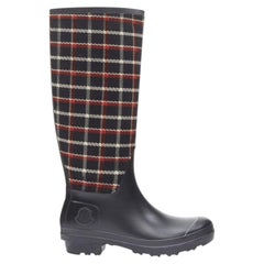 MONCLER red black plaid check black rubber wellington rain boots EU39