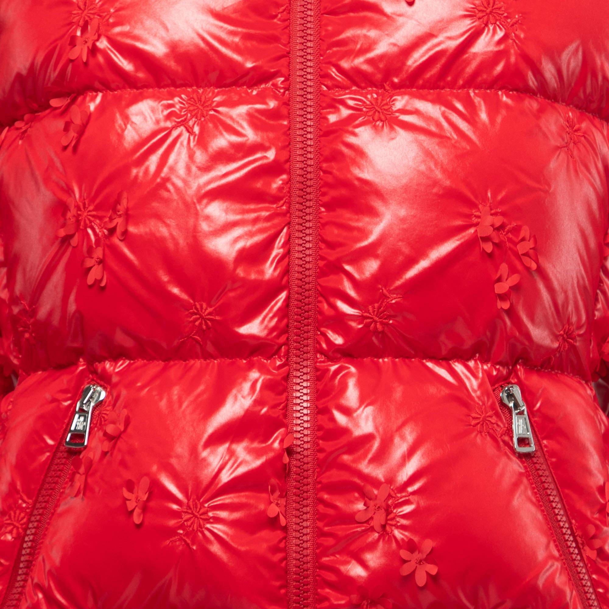 Moncler Red Nylon Floral Embroidery & Embellished Quilted Down Jacket S 1