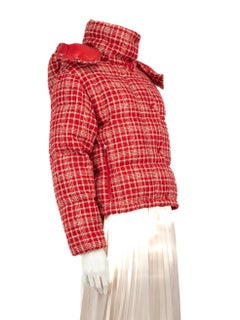 Moncler Red Tweed Tartan Puffer Coat Size S