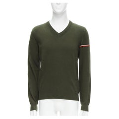MONCLER signature stripes 100% virgin wool dark green v neck sweater M