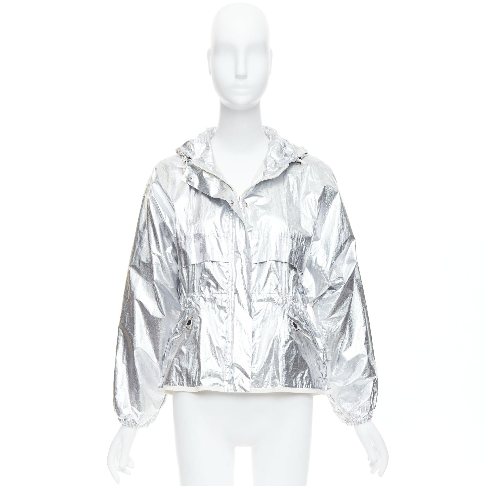 MONCLER silver coated cotton ruched waist hooded windbreaker Sz2 For Sale 5