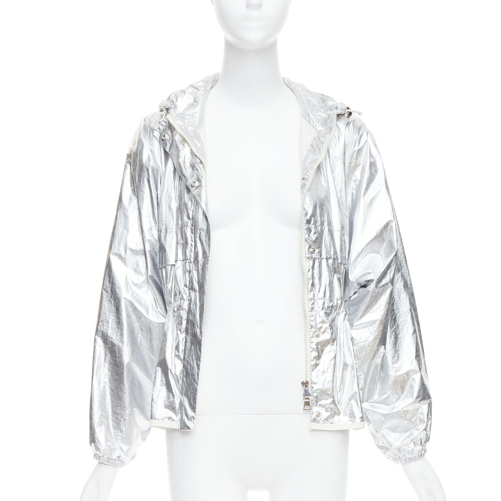 Silver MONCLER silver coated cotton ruched waist hooded windbreaker Sz2 For Sale