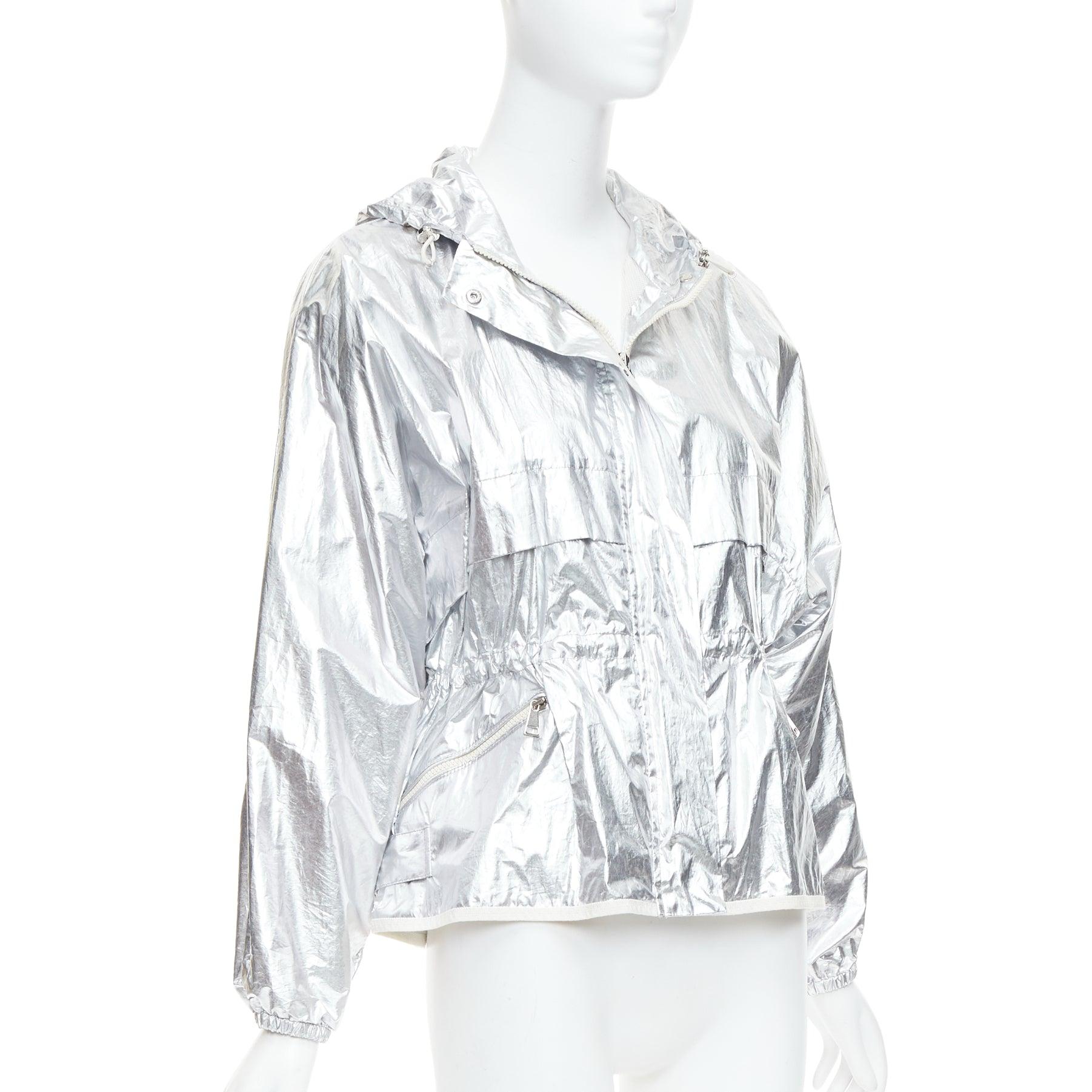 MONCLER silver coated cotton ruched waist hooded windbreaker Sz2 In Excellent Condition For Sale In Hong Kong, NT