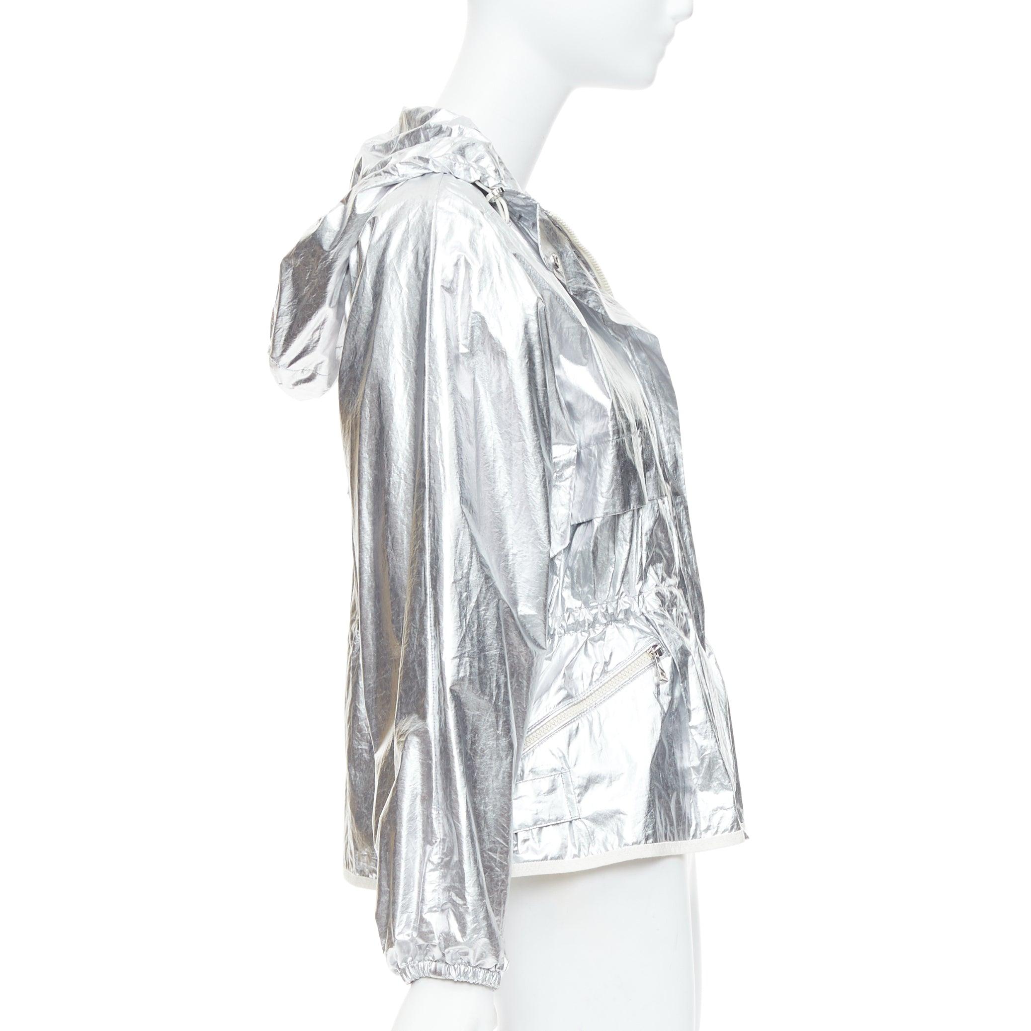 Women's MONCLER silver coated cotton ruched waist hooded windbreaker Sz2 For Sale