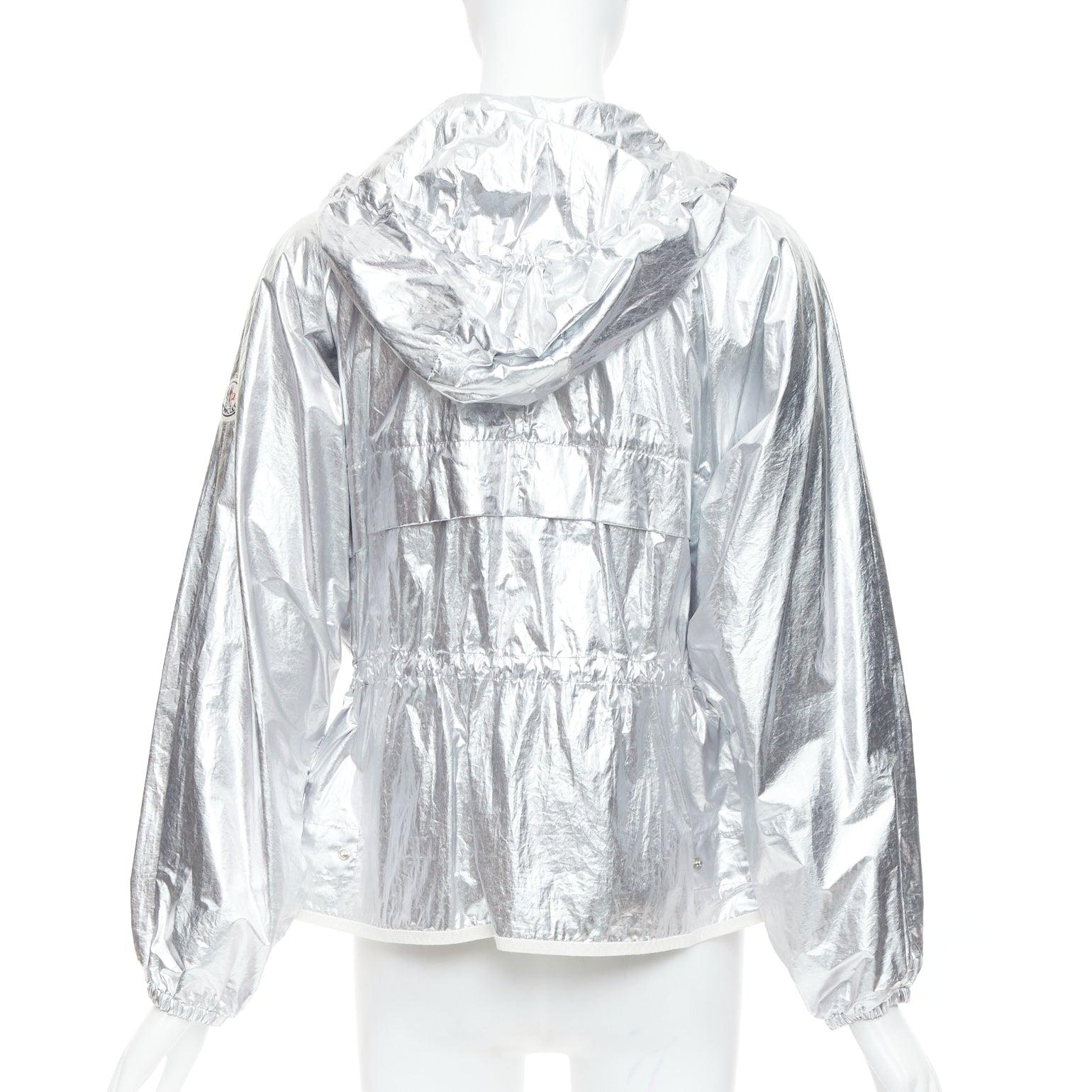 MONCLER silver coated cotton ruched waist hooded windbreaker Sz2 For Sale 1