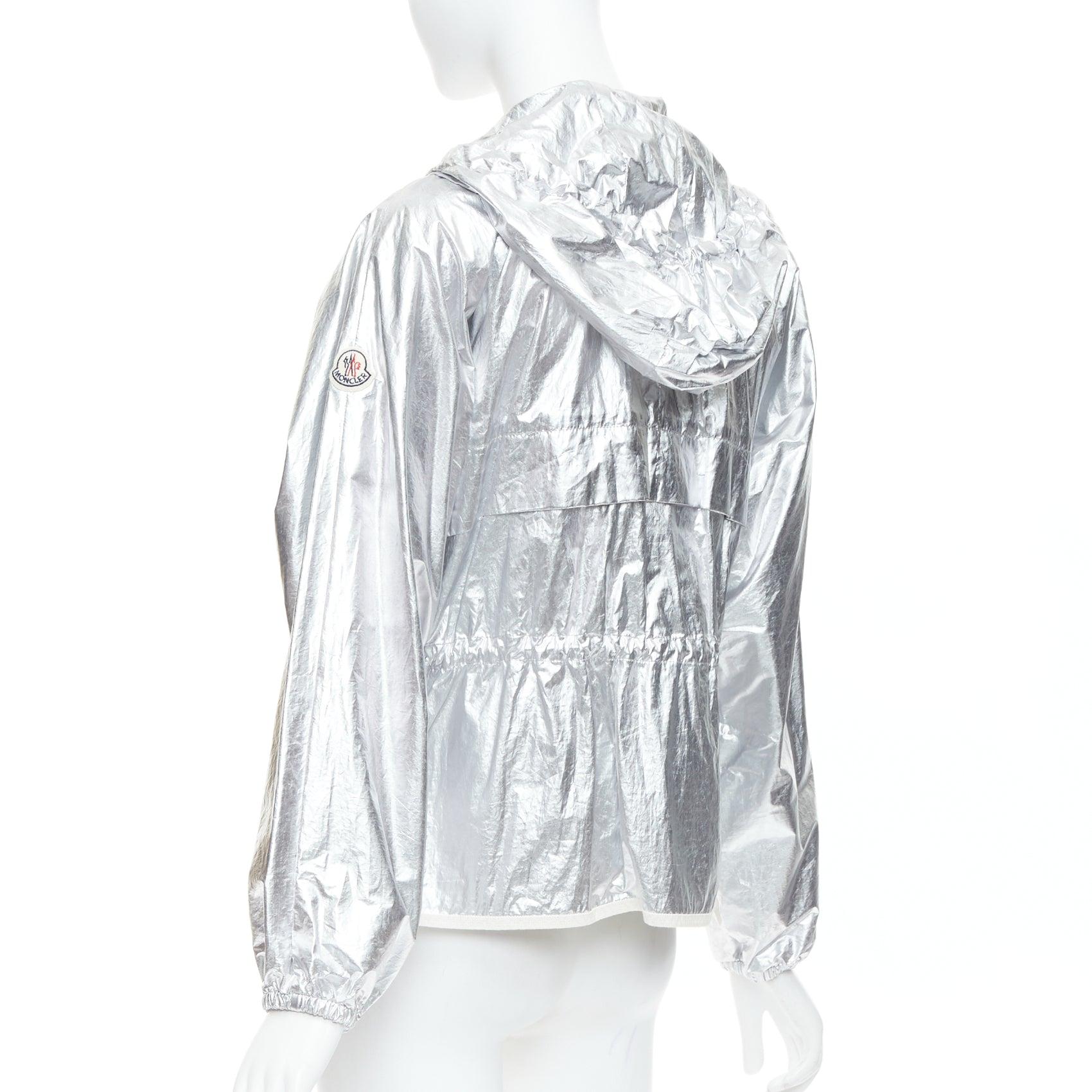 MONCLER silver coated cotton ruched waist hooded windbreaker Sz2 For Sale 2