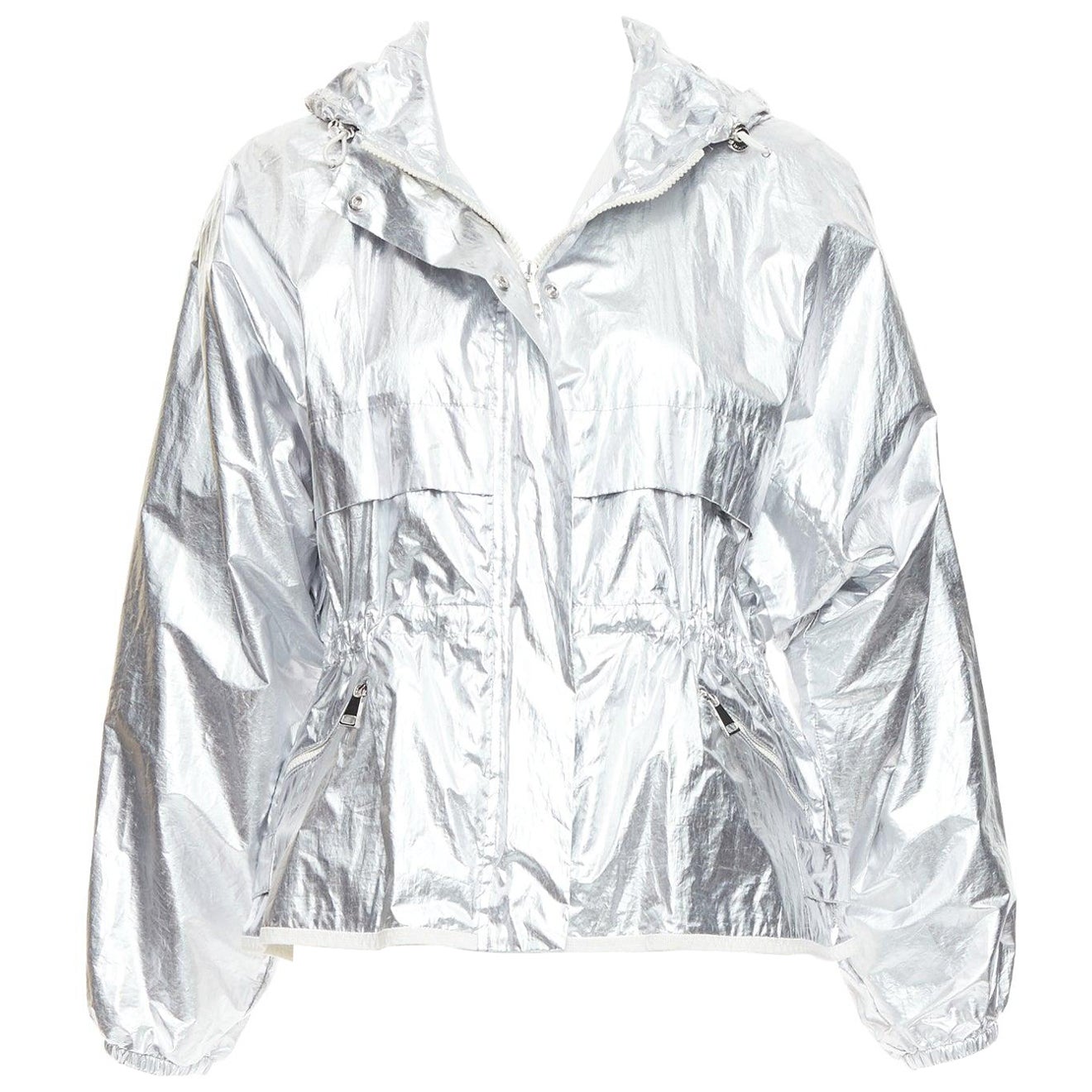 MONCLER silver coated cotton ruched waist hooded windbreaker Sz2