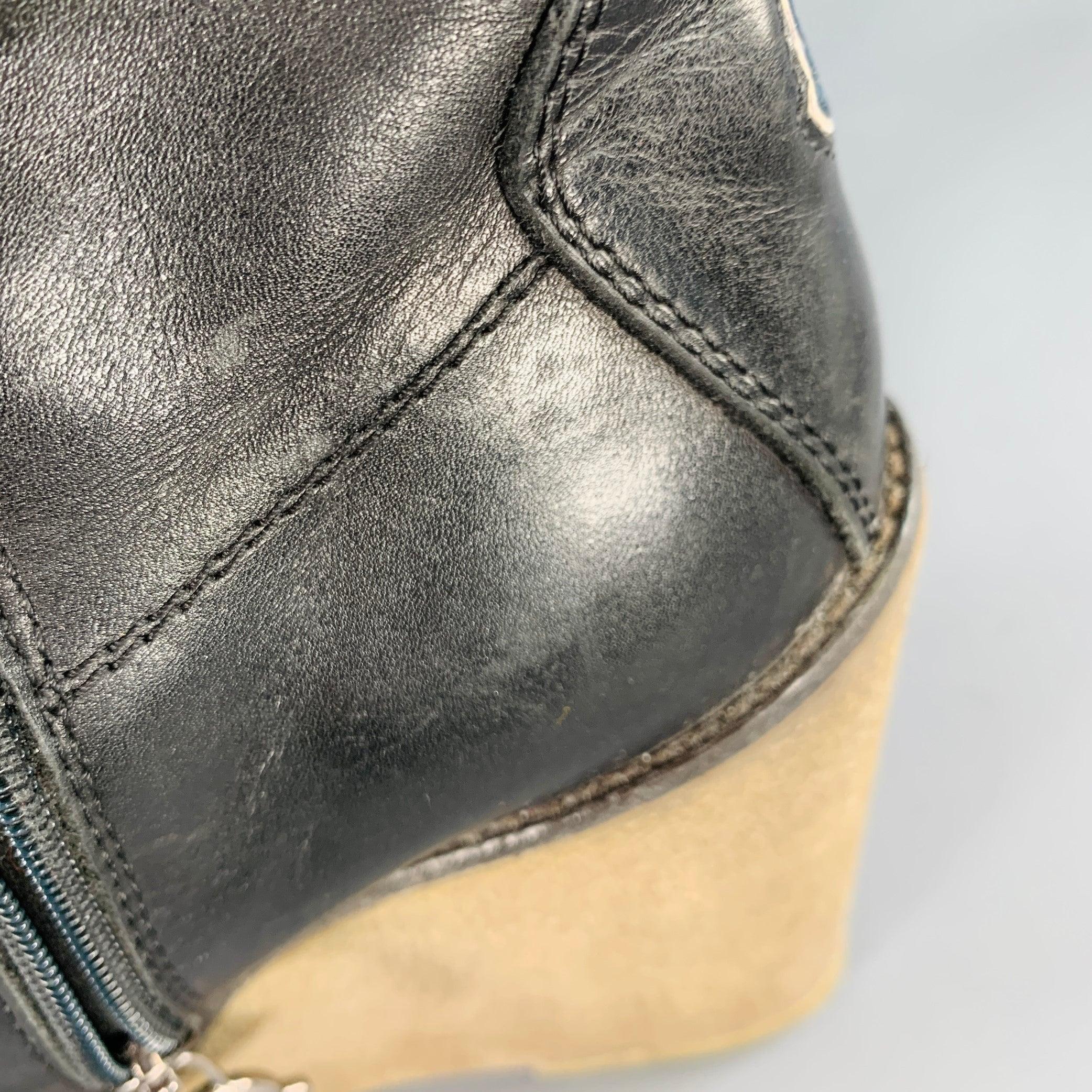 MONCLER Size 10 Black Brown Leather Knee High Crepe Sole Wedge Boots For Sale 6