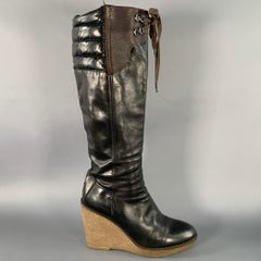 MONCLER Size 10 Black Brown Leather Knee High Crepe Sole Wedge Boots