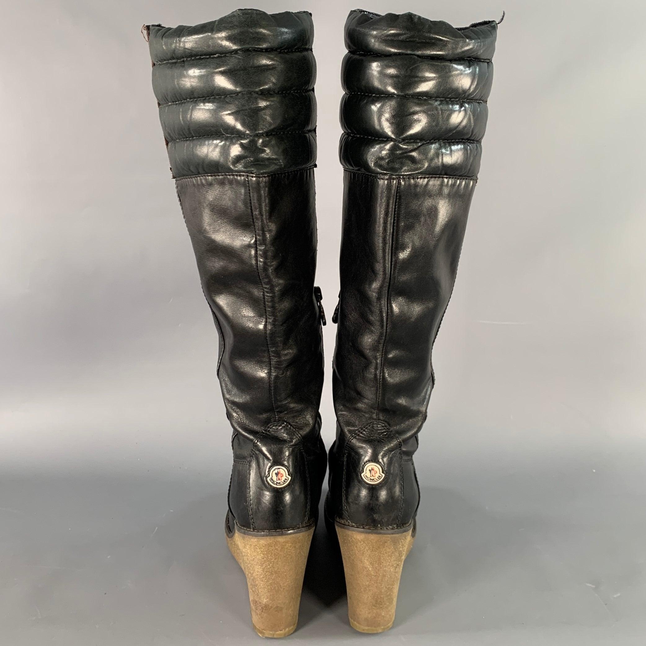 MONCLER Size 10 Black Brown Leather Knee High Crepe Sole Wedge Boots In Good Condition For Sale In San Francisco, CA