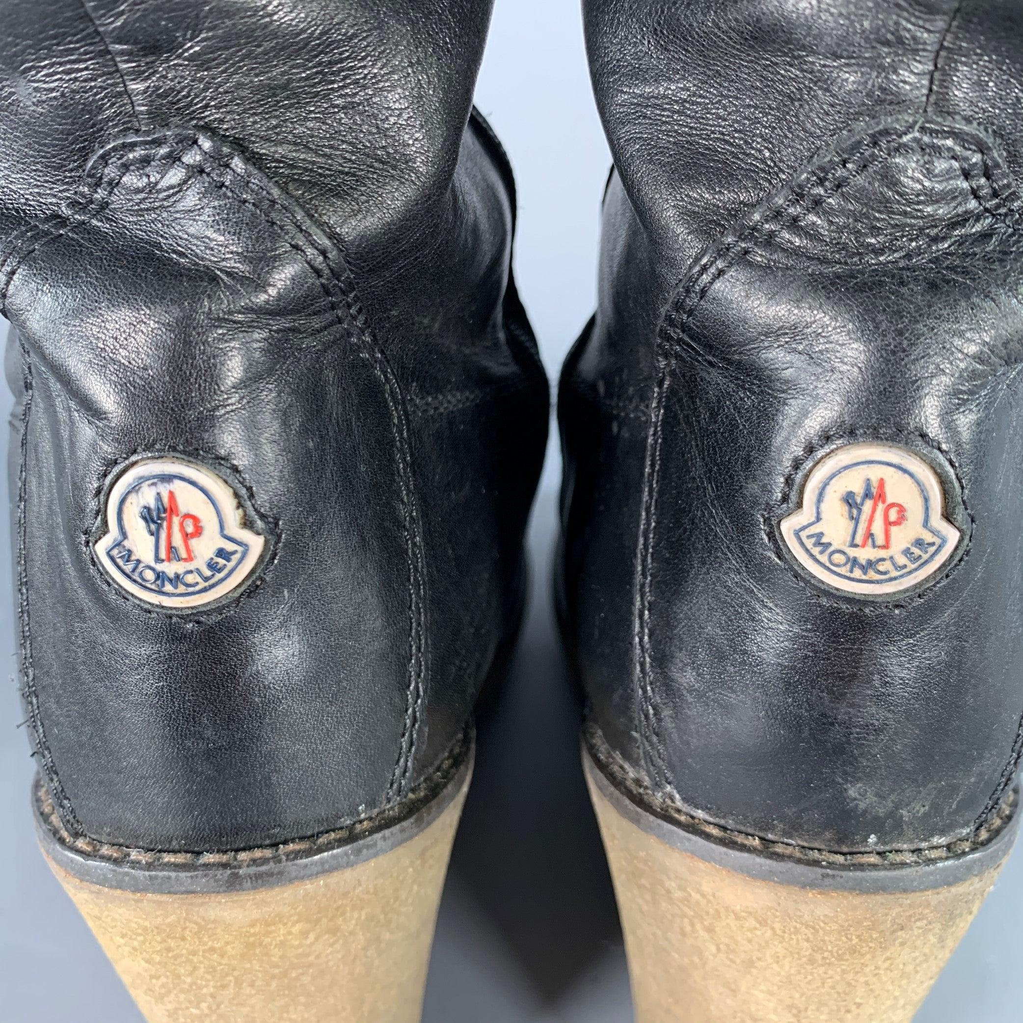Women's MONCLER Size 10 Black Brown Leather Knee High Crepe Sole Wedge Boots For Sale