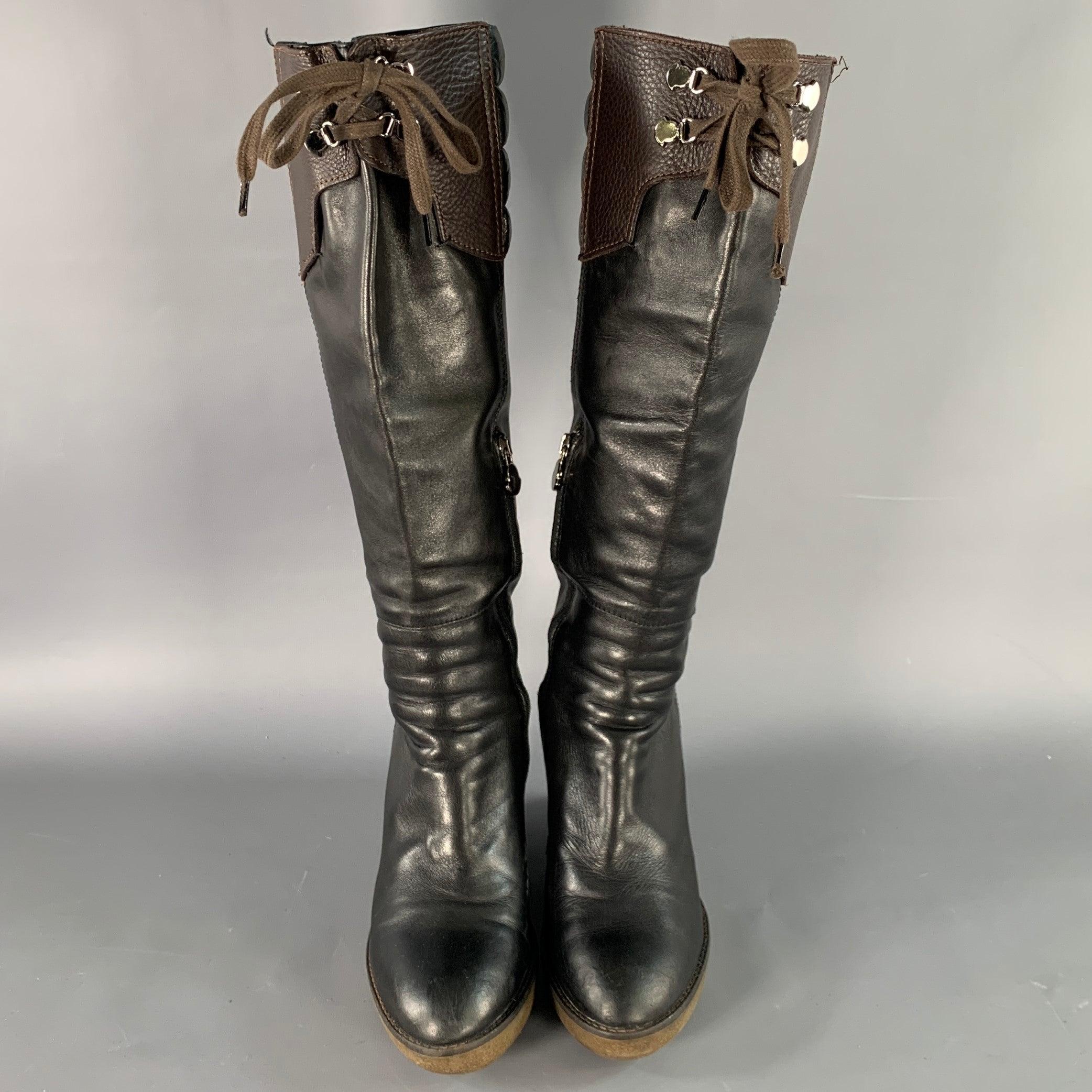 MONCLER Size 10 Black Brown Leather Knee High Crepe Sole Wedge Boots For Sale 1