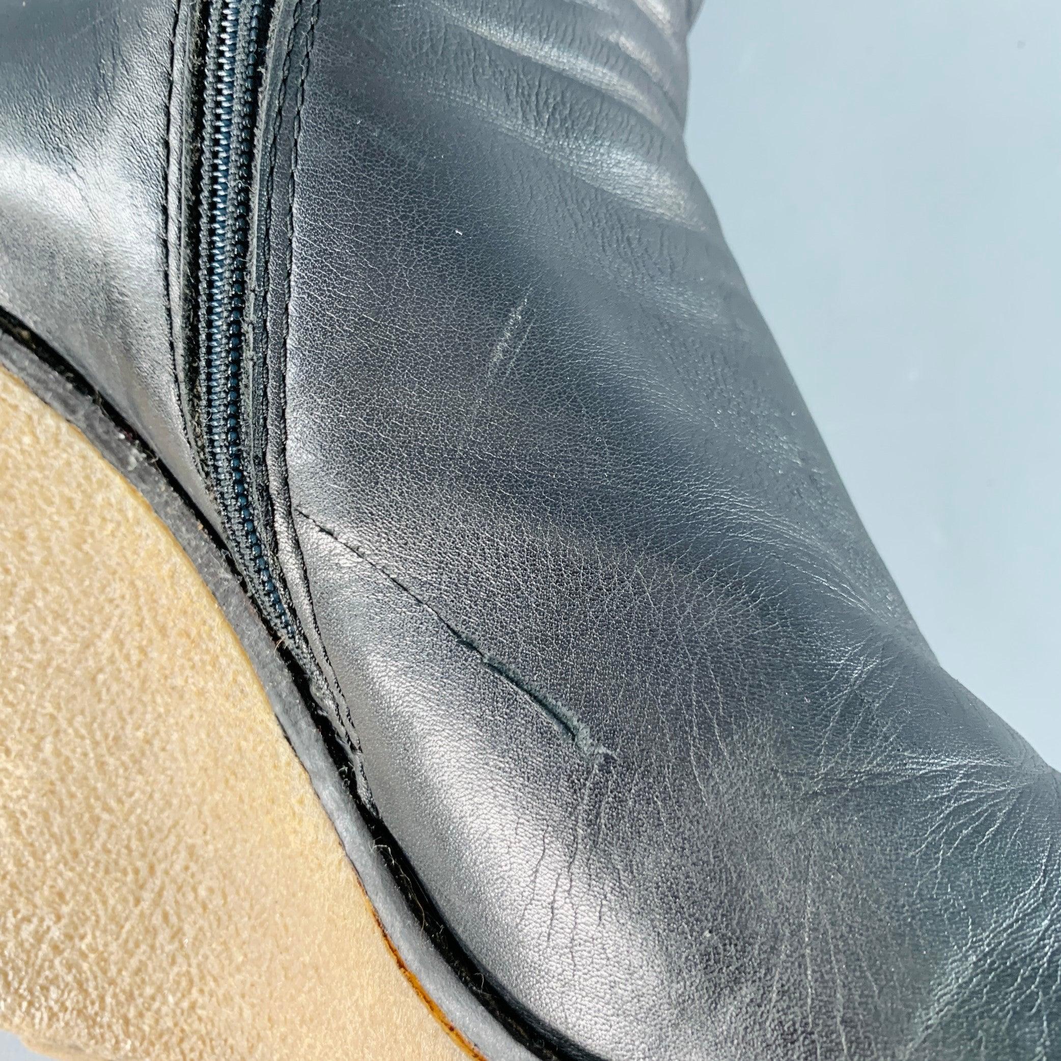 MONCLER Size 10 Black Brown Leather Knee High Crepe Sole Wedge Boots For Sale 3